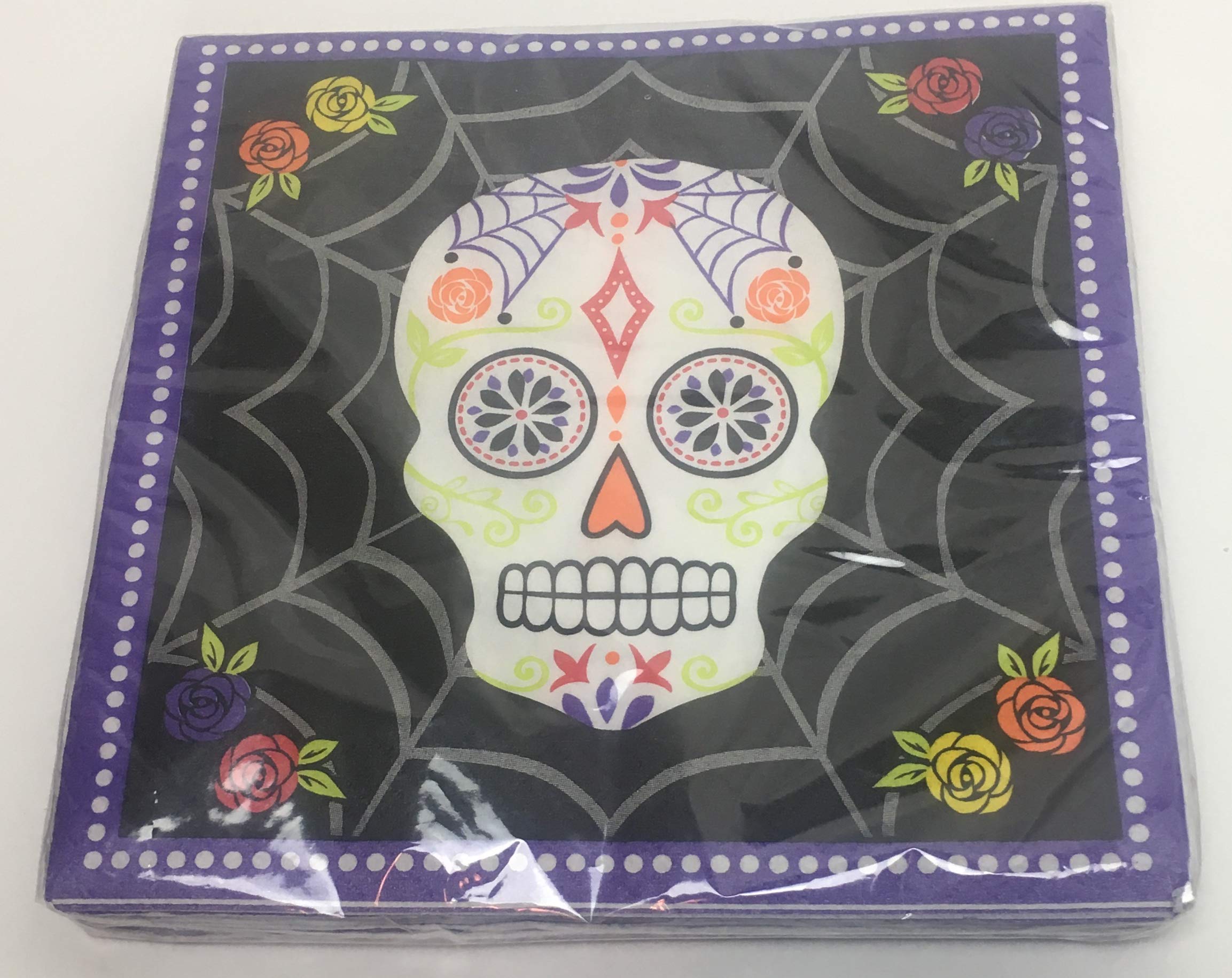 Day of the Dead Sugar Skull Party Supplies - 16-Piece Purple & Black Dinnerware Set with Plates & Beverage Napkins - Perfect for Halloween, Dia de los Muertos Celebrations & Themed Parties