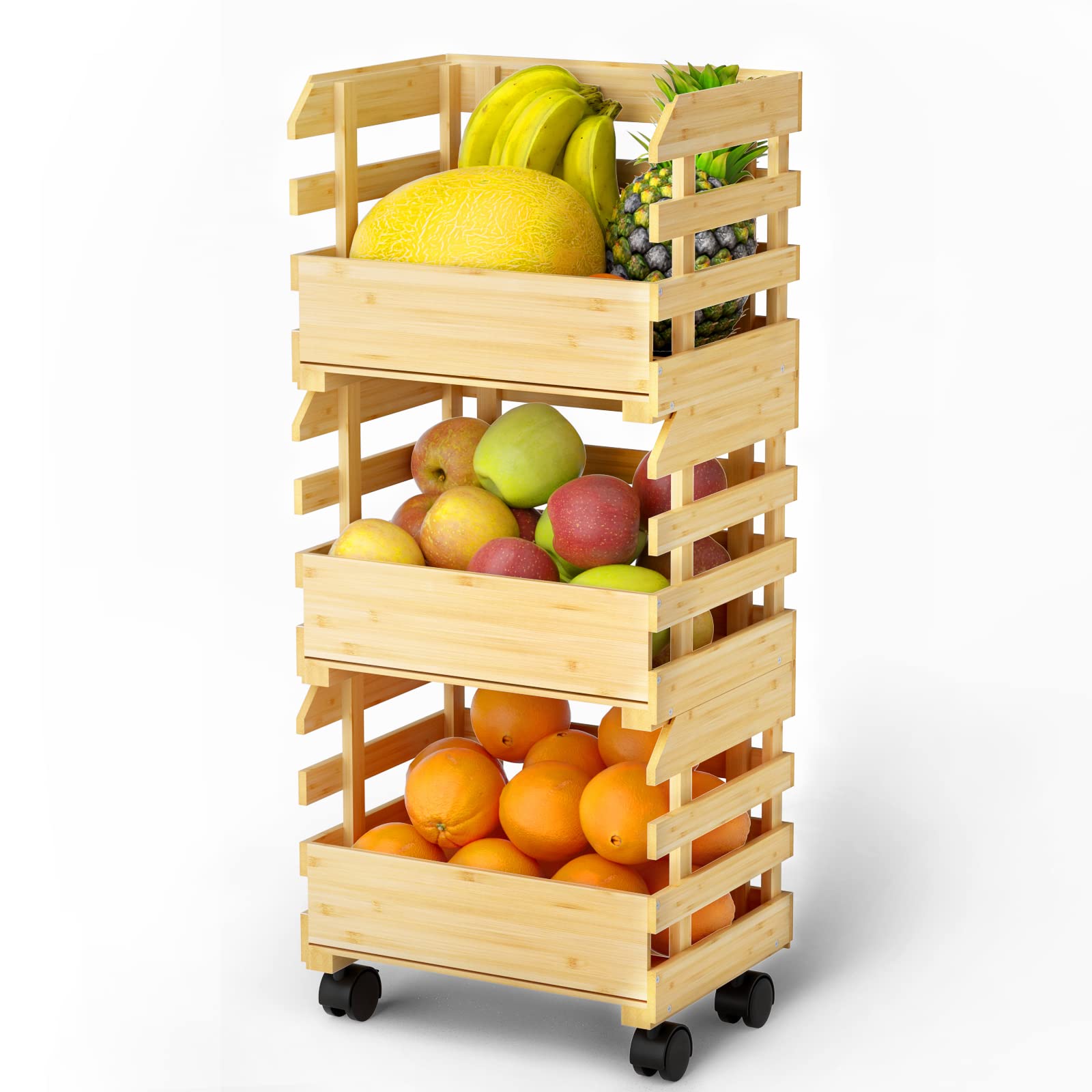 3-Tier Bamboo Fruit Basket for Kitchen Counter - Detachable Large Storage Organizer for Fruits, Vegetables, Snacks & Bread | Perfect for Pantry, Dining Room & Small Space Organization