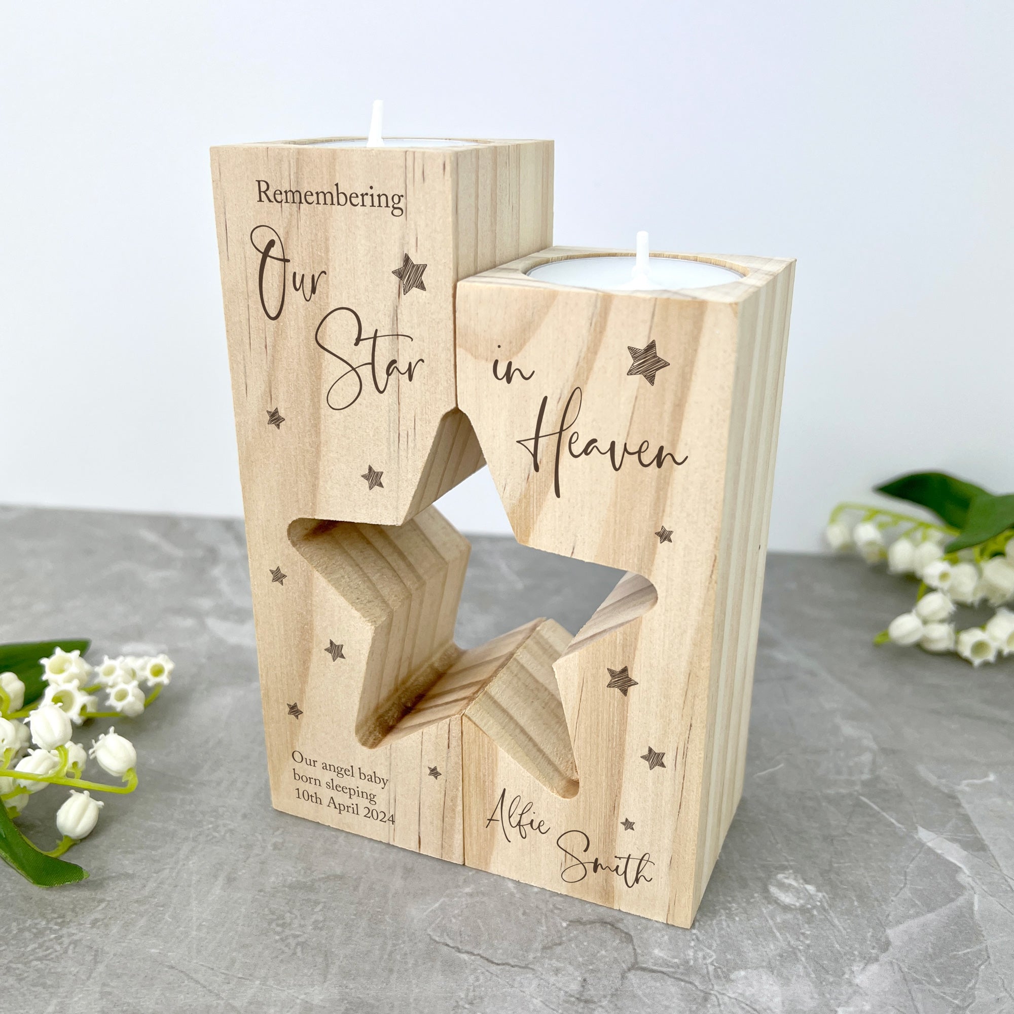Personalized Solid Wood Angel Baby Memorial Star Tea Light Holders - Perfect for Remembrance Ceremonies, Candlelight Vigils, and Home Decor