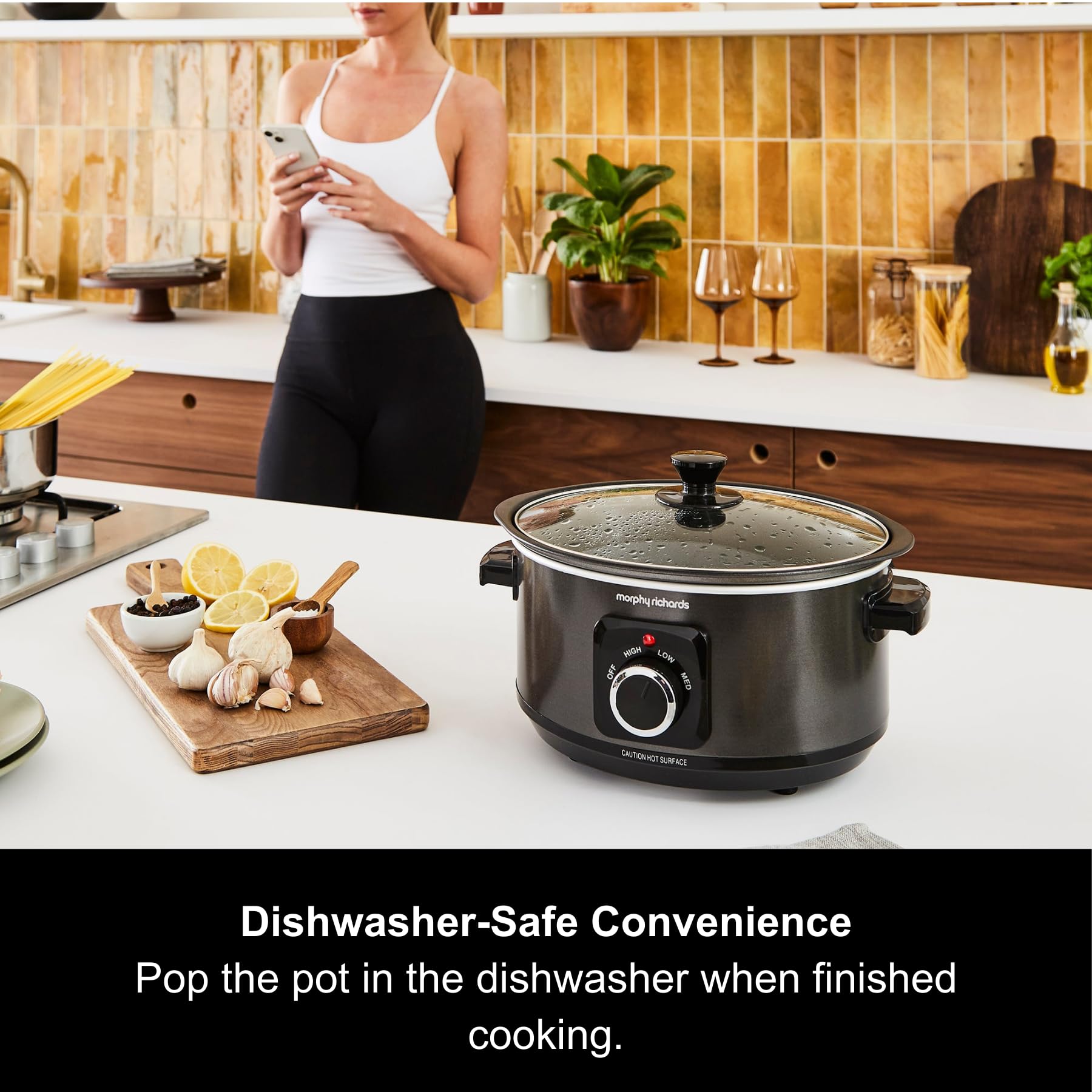 Morphy Richards 3.5L Sear & Stew Slow Cooker with Shatter-Resistant Aluminum Pot - 3 Heat Settings, Hob Safe, Easy to Clean, 163W, Black (Model 460012) - Perfect for Family Dinners, Meal Prep & Entertaining