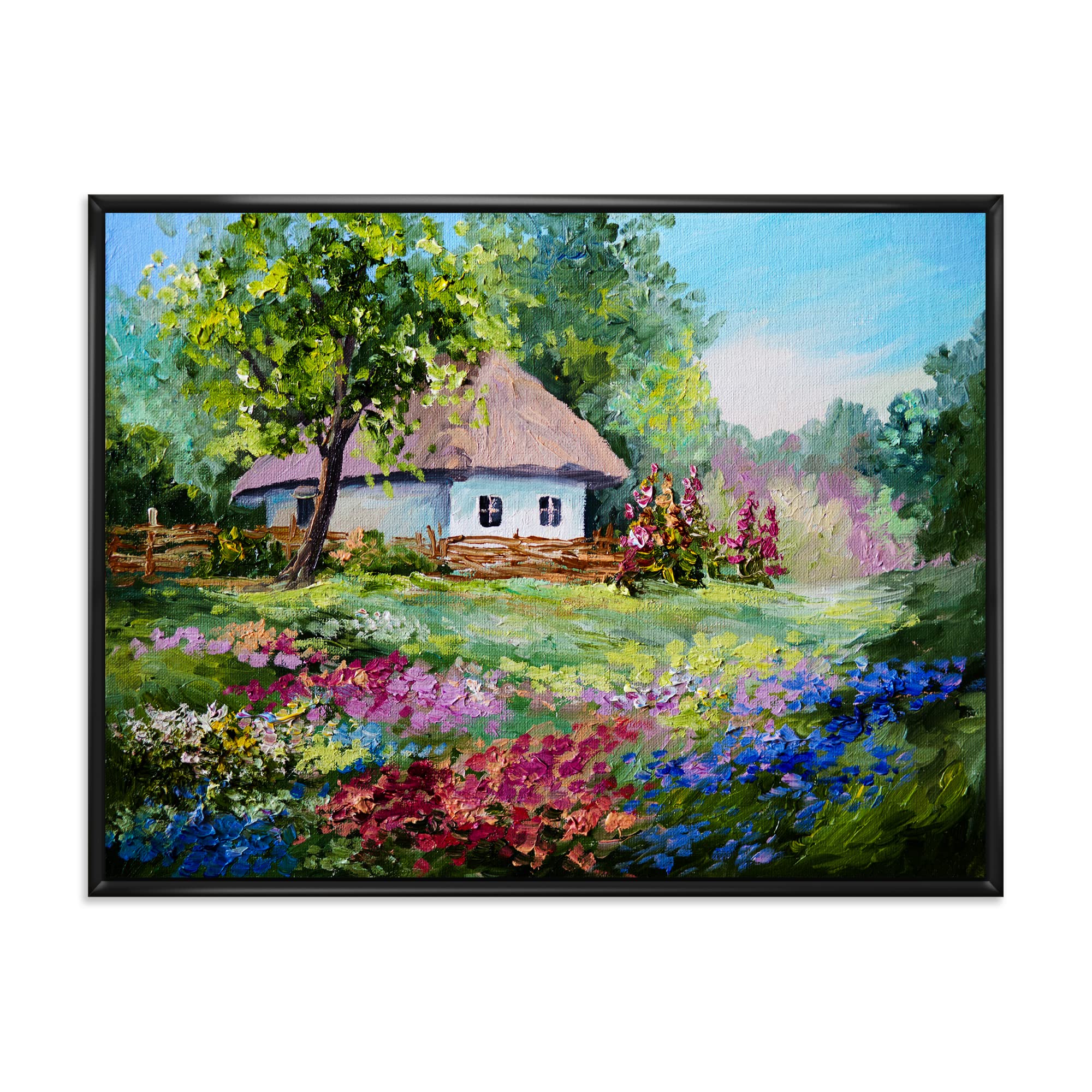 Traditional Framed Canvas Wall Art Print - Mountain House with Blossoming Flowers Landscape Painting for Living Room, Bedroom & Office Decor