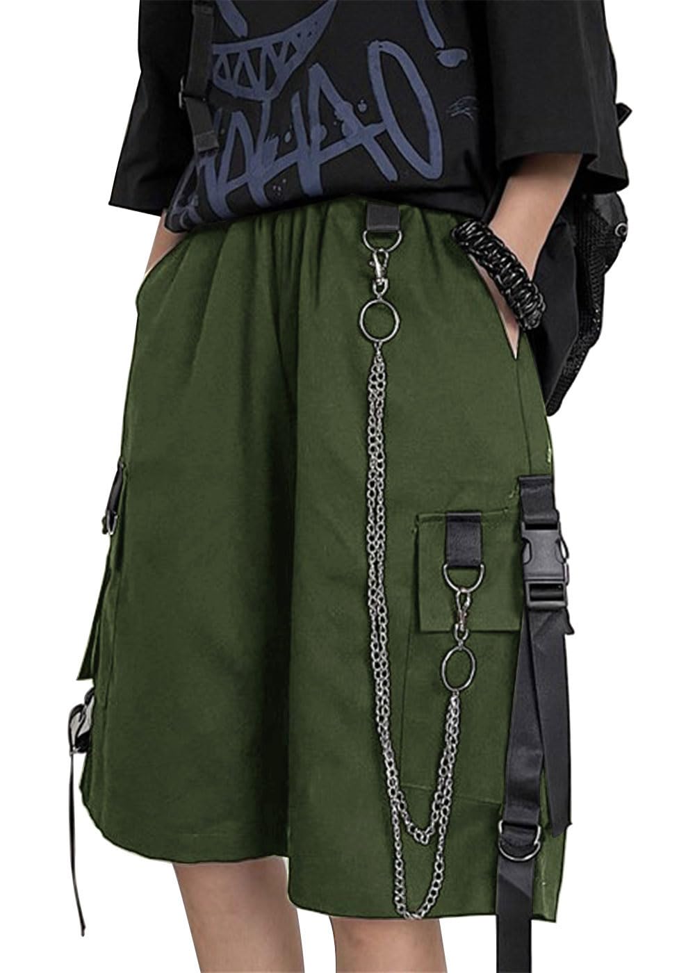 Kisswow Cargo Shorts with Chain - Fashionable Fairy Grunge Techwear Pants | Korean Punk Style Harajuku Jorts for Streetwear & Festival Outfits
