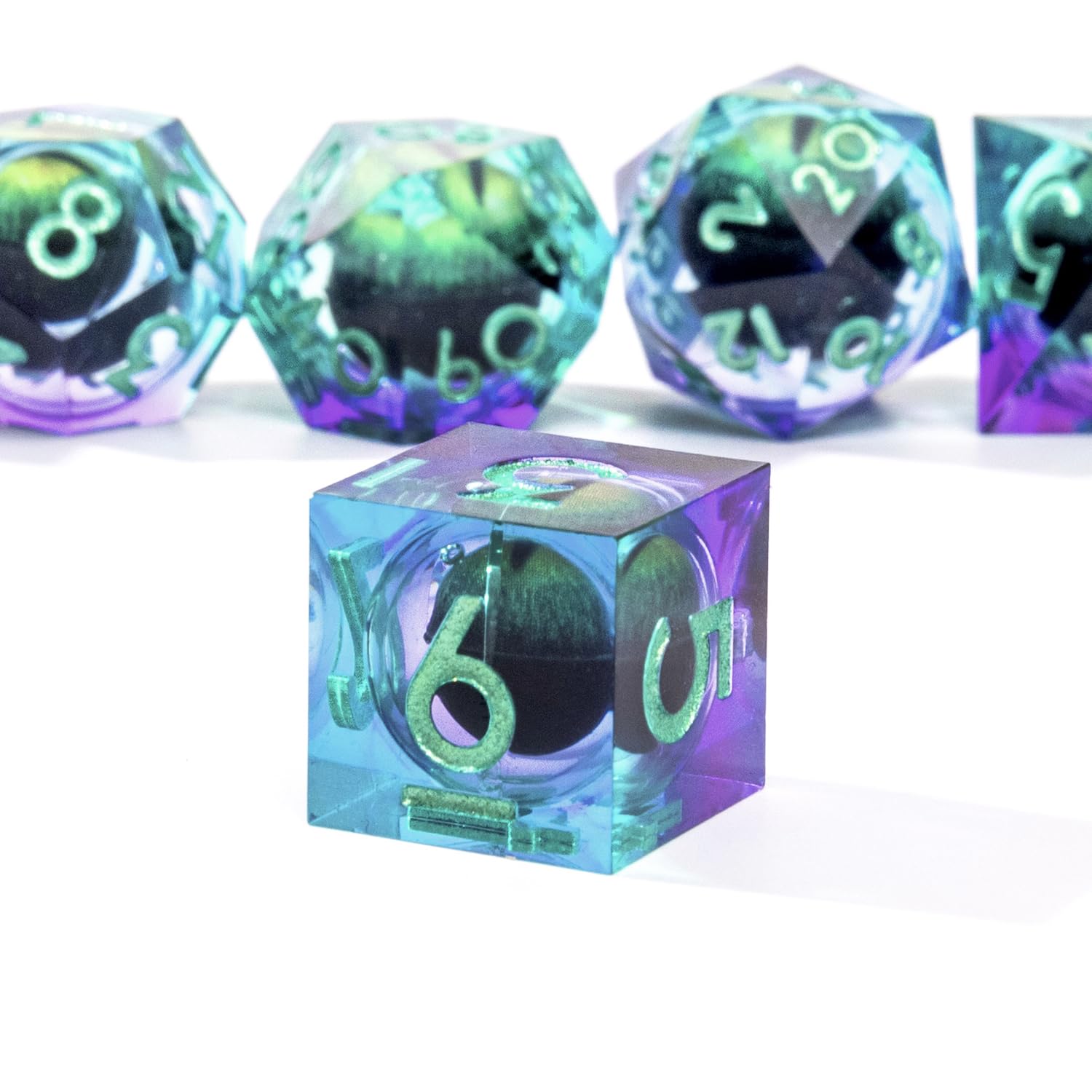D&D Dragon Eye Dice Set - 7-Piece Sharp Edge Liquid Core Resin Handmade Dice with Cat Eye Effect for Dungeons & Dragons, RPG, TTRPG (Green Purple Dragon Eye) - Perfect for Tabletop Gaming, Gift Giving & Roleplaying Adventures