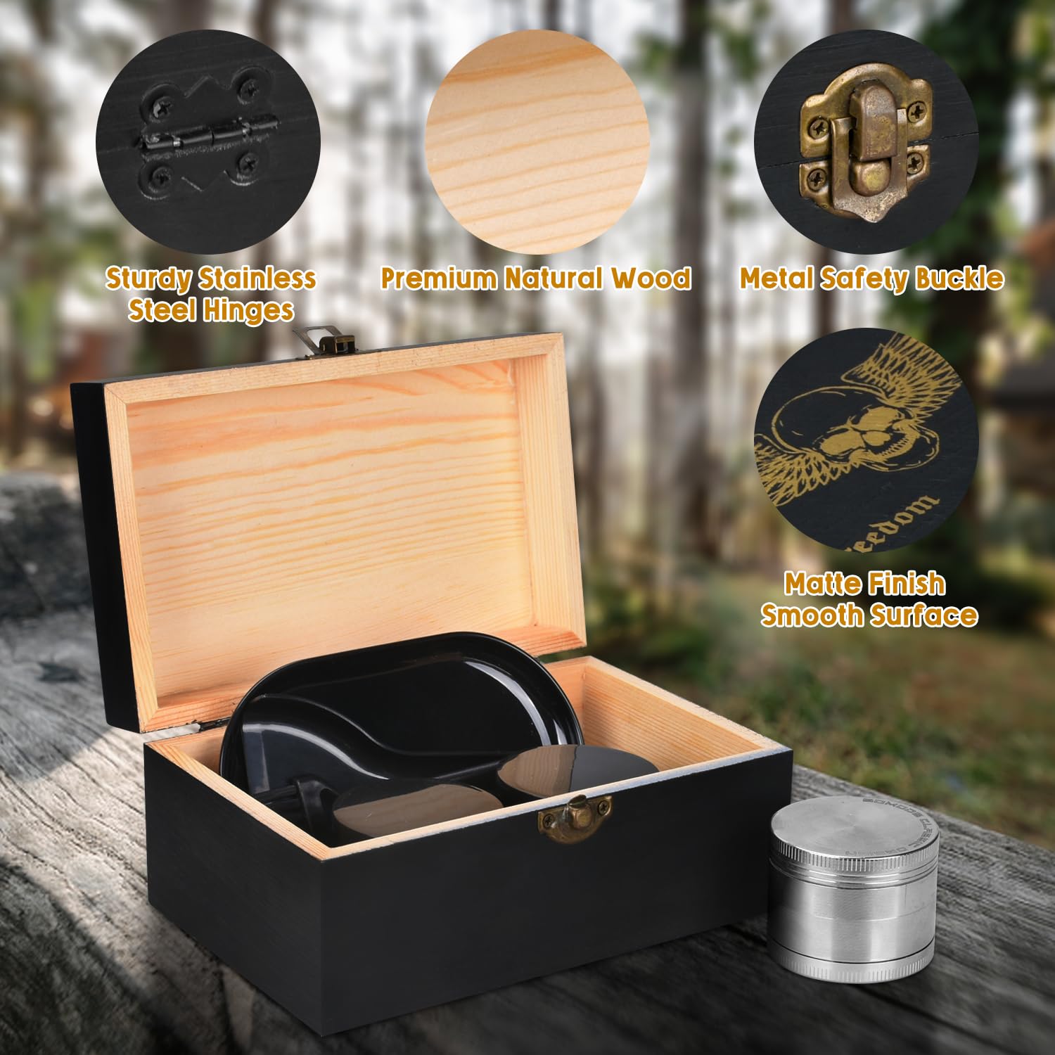 Wooden Storage Box with Rolling Tray - Decorative Wooden Container with Buckle & 2 Storage Jars - Organizer Box Set for Herbs, Jewelry, and Craft Supplies - Perfect for Home, Office, and Travel Use