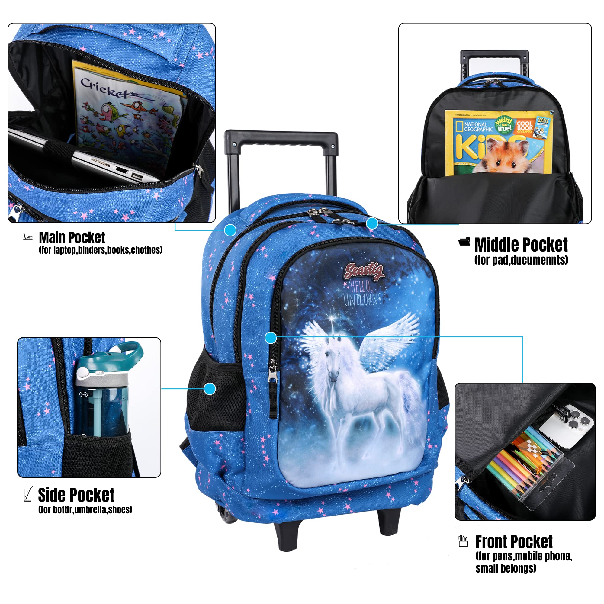 Seastig 18 Inch Rolling Backpack for Kids - Double Handle Wheeled Backpack with Lunch Bag Set | School Travel, Airplane Carry-On, Daily Commute for Boys & Girls