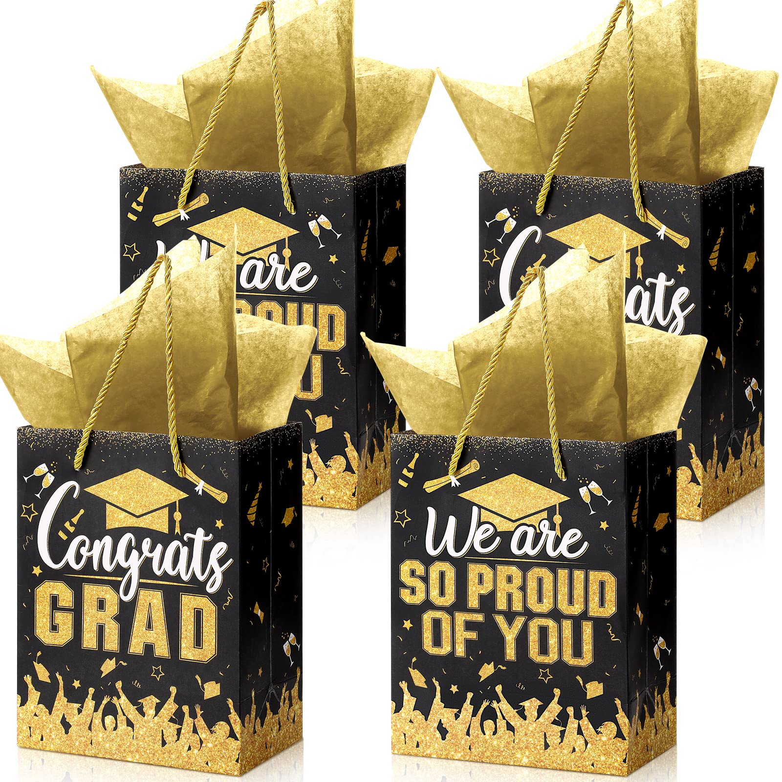 12 Pcs Graduation Gift Bags with Handles - Class of 2025 Party Favor Bags Bulk - Black Gold Tissue Paper Goodie Bags for Congrats Supplies - Perfect for Graduation Parties, School Events & Celebration Favors