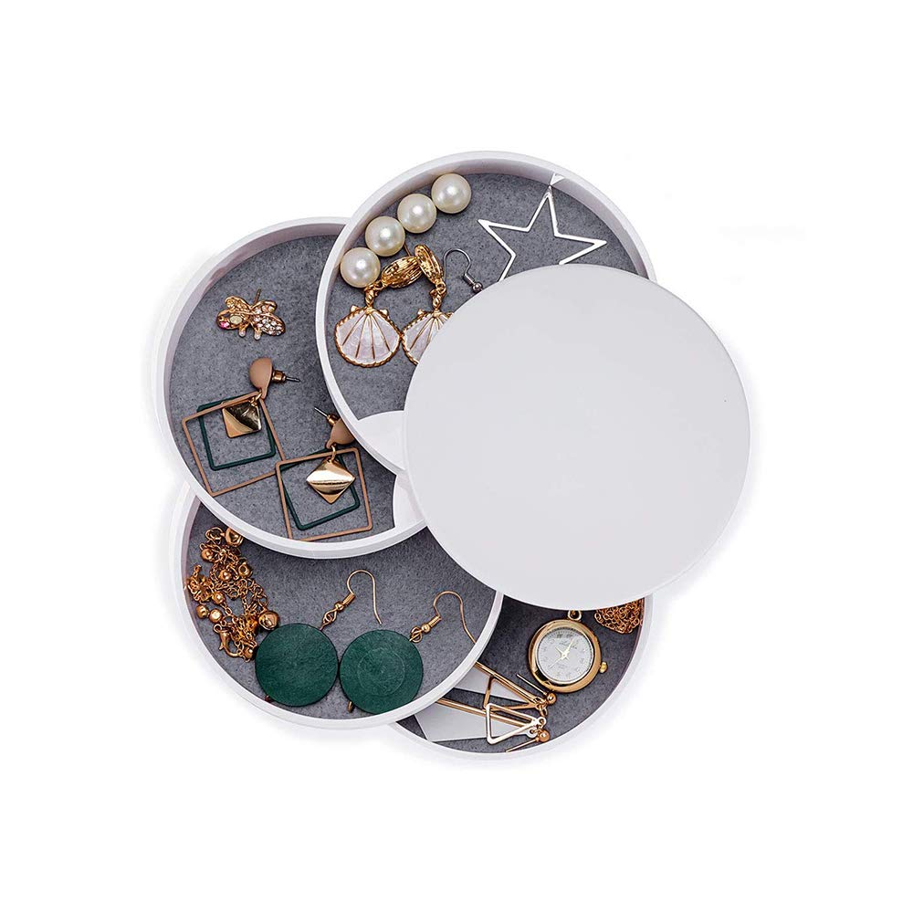 4-Tier Jewelry Organizer Box - 360° Rotating Display Tower for Rings, Earrings, Necklaces & Bracelets - Compact Jewelry Storage Case with Multi-Compartment Design (White) - Perfect for Bedroom Vanity, Closet Organization & Travel Jewelry Storage