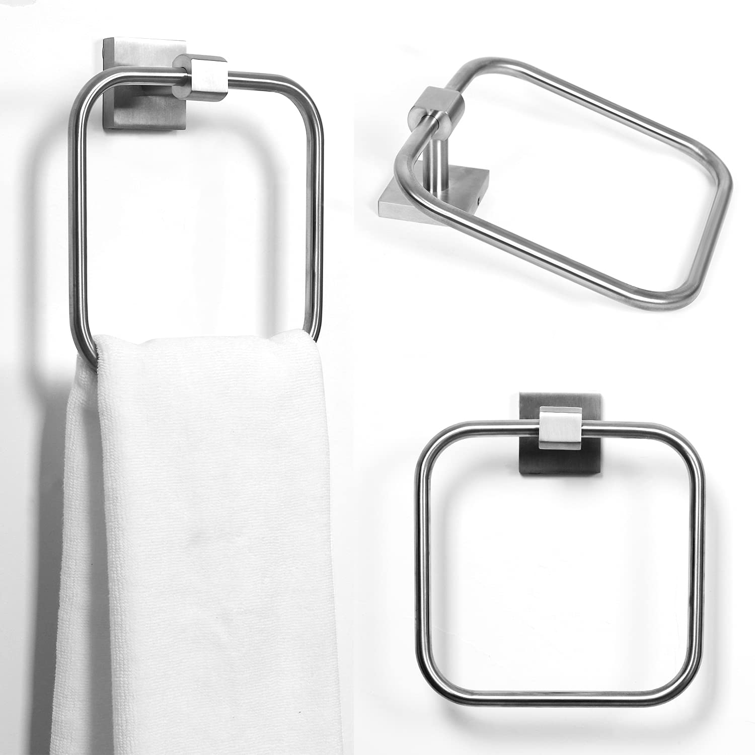 HouseAid Brushed Nickel Square Hand Towel Ring - Stainless Steel Wall Mounted Towel Holder for Bathroom - Perfect for Kitchen, Guest Bath & Laundry Room Organization