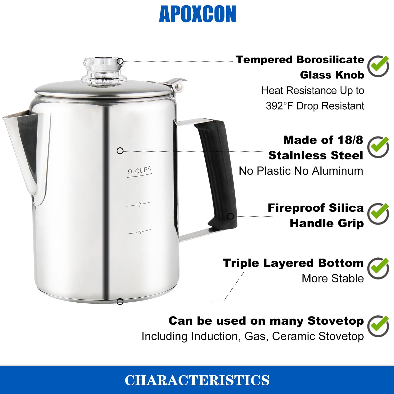 Premium Stainless Steel Percolator Coffee Pot - 9 Cup Stovetop Coffee Maker with Borosilicate Glass Knob & Heat-Resistant Handle for Camping, Home & Office - Compatible with Gas Stove, Induction Cooker & Campfire - Perfect for Outdoor Adventures & Daily Brewing