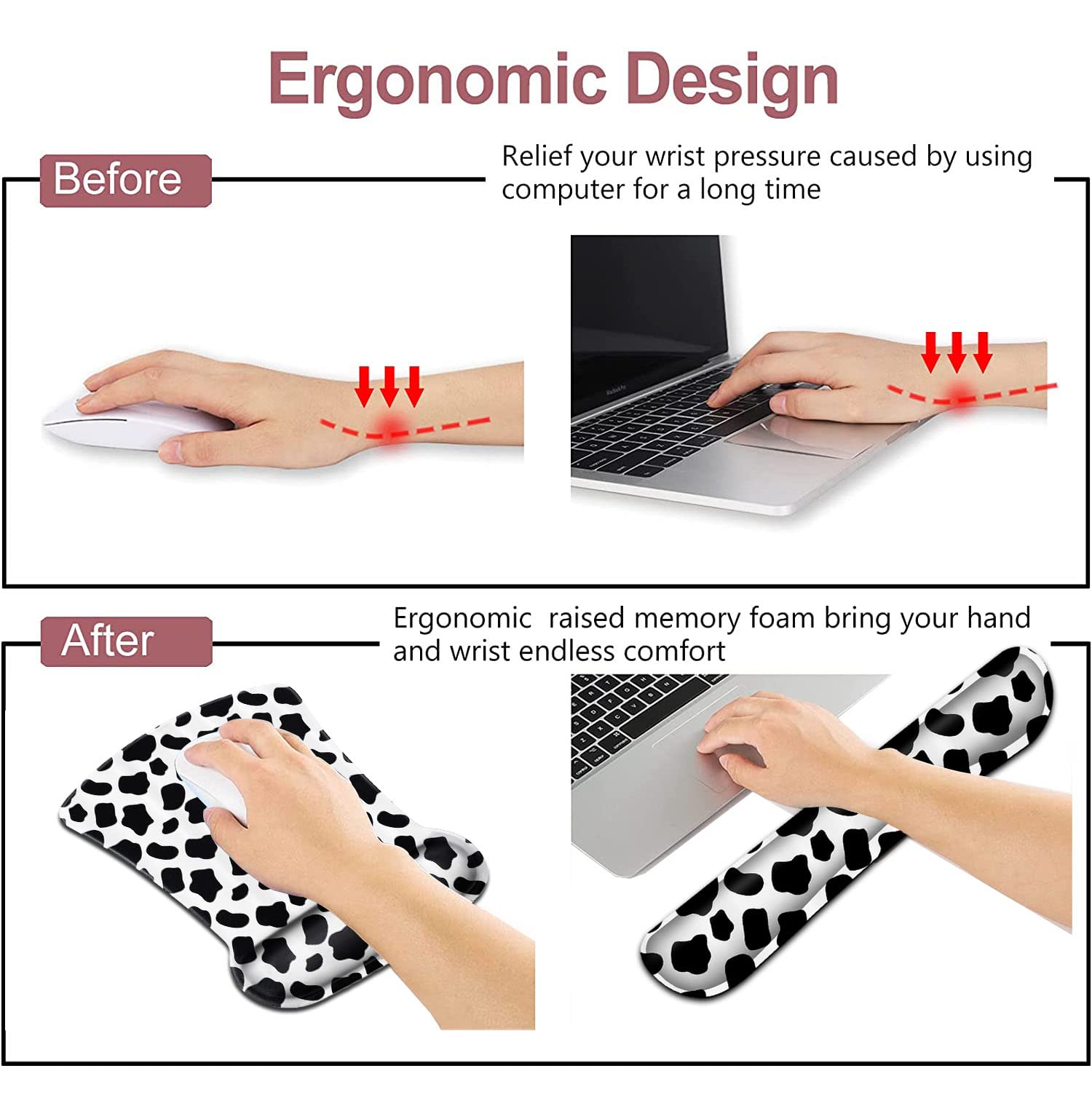 Ergonomic Gel Mouse Pad with Wrist Support - Black and White Cow Pattern, Memory Foam Keyboard Wrist Rest for Office & Gaming - Soft Desk Pad for Typing Comfort and Wireless Mouse Use