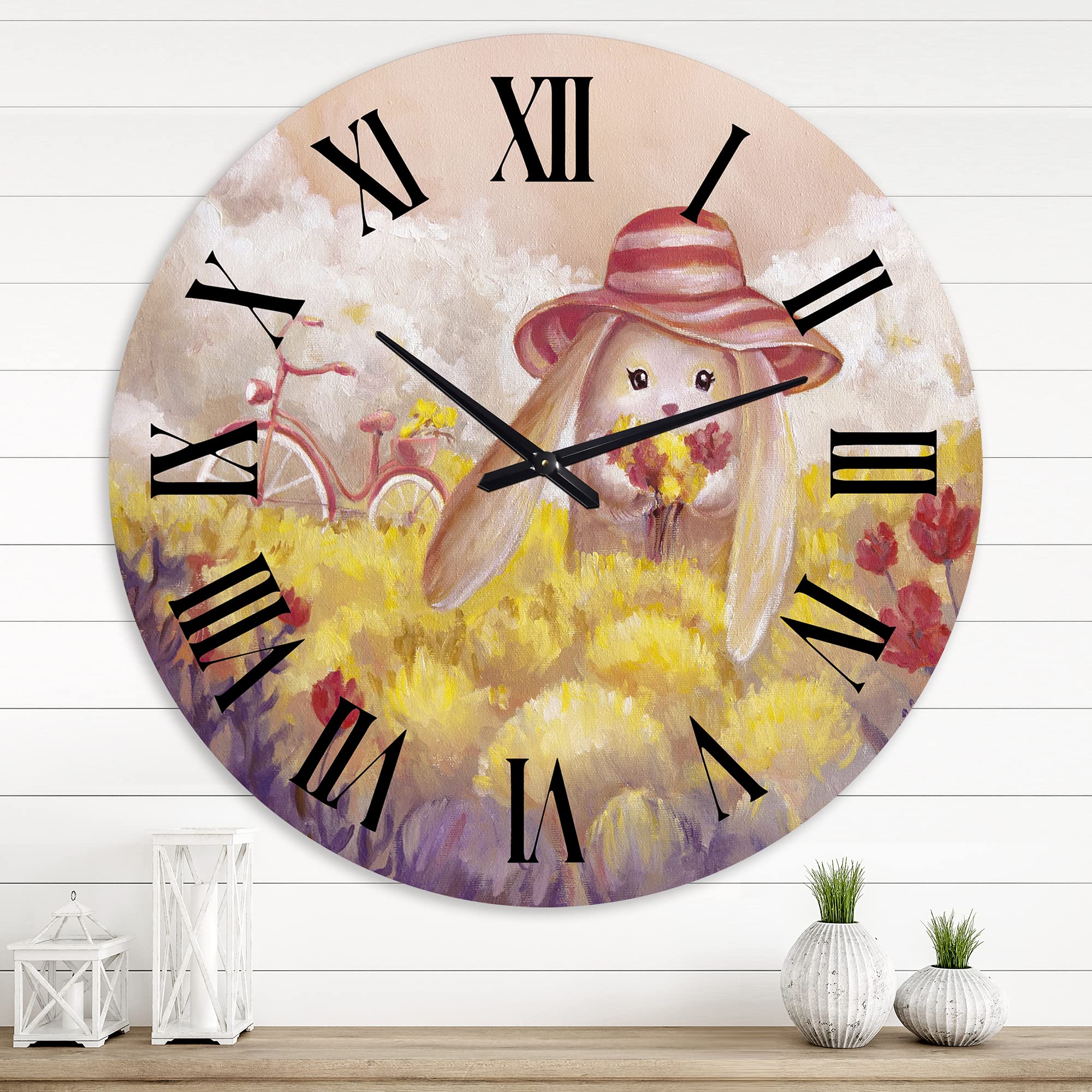 Little Bunny with Flowers Wall Clock - Large Traditional Animal Wall Clock for Living Room, Bedroom, Office Decor | Perfect for Home, Farmhouse, Nursery & Gift Giving