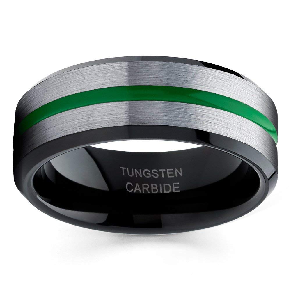 **Green Tungsten Wedding Band for Men - Black & Gray Tungsten Carbide Ring - Comfort Fit Engagement & Anniversary Ring - Durable & Scratch-Resistant for Everyday Wear**