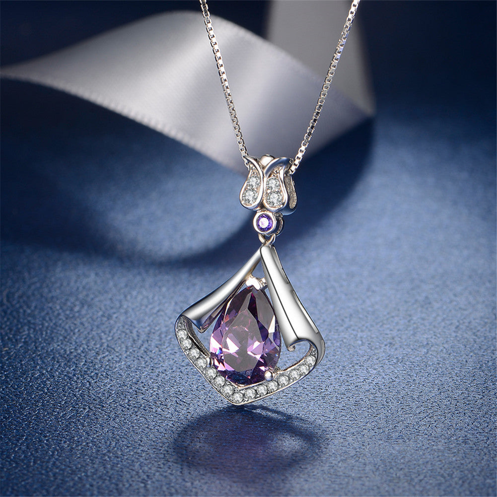 Sterling Silver Flower Teardrop Pendant Necklace with Simulated Amethyst & Blue Topaz | Elegant Jewelry Gift for Women | Perfect for Weddings, Parties & Special Occasions