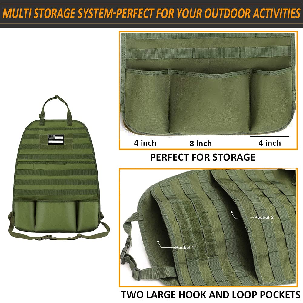 Tactical MOLLE Seat Back Organizer with Pouches - Durable Car Seat Cover Protector & Storage for Back Seat (Army Green) | Perfect for SUVs, Trucks & Road Trips