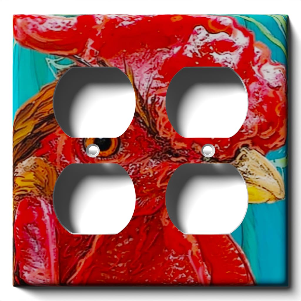 Decorative Outlet Cover Plate - Red Rooster Design - Double Duplex Receptacle Wall Plate - Perfect for Farmhouse, Kitchen & Country Style Home Decor