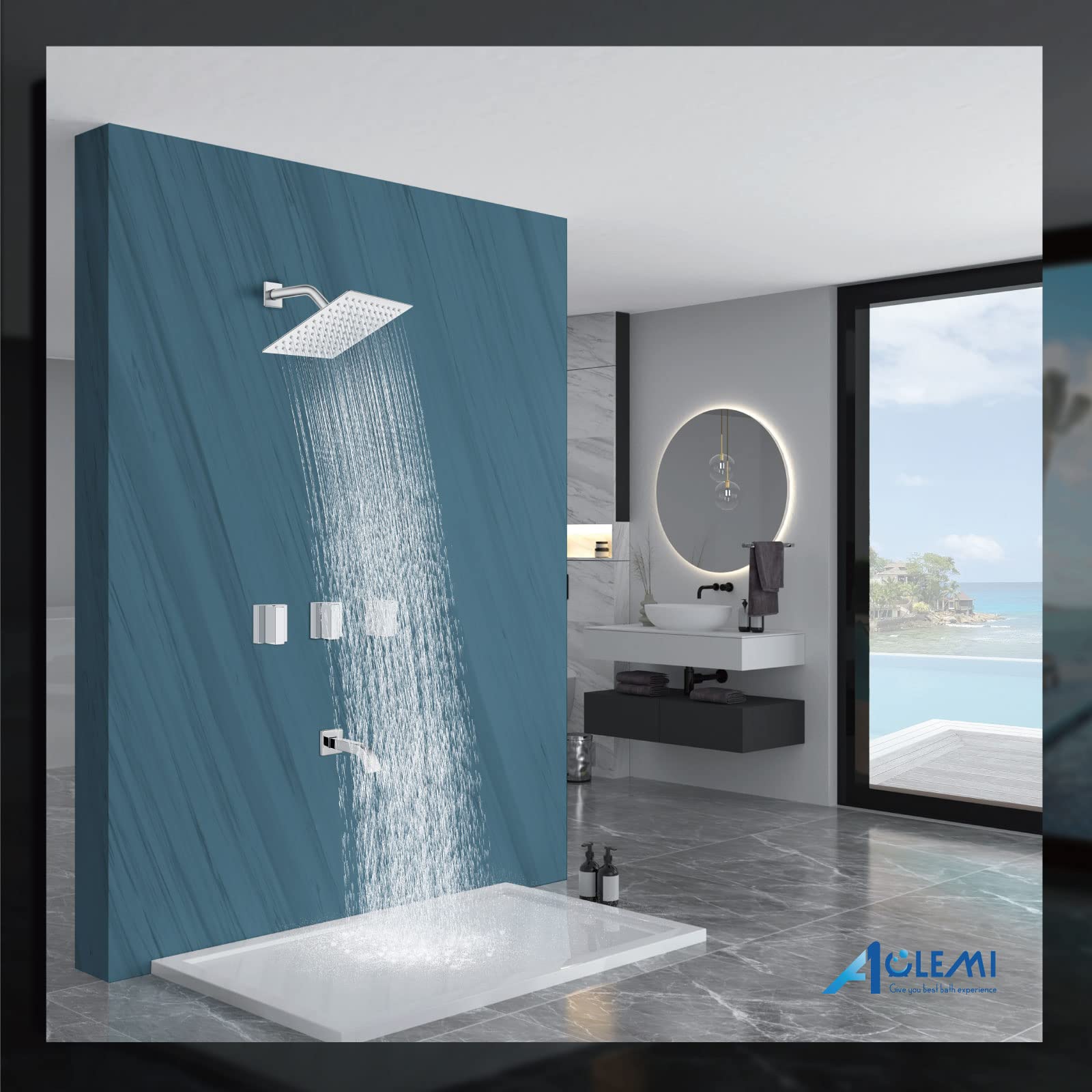 Aolemi 3 Handle Chrome Bathtub Shower Faucet Set with 8 Inch Rainfall Showerhead, Tub Spout & Rough-in Valve - Wall Mount Shower System for Bathroom Remodeling & Luxury Spa Experience
