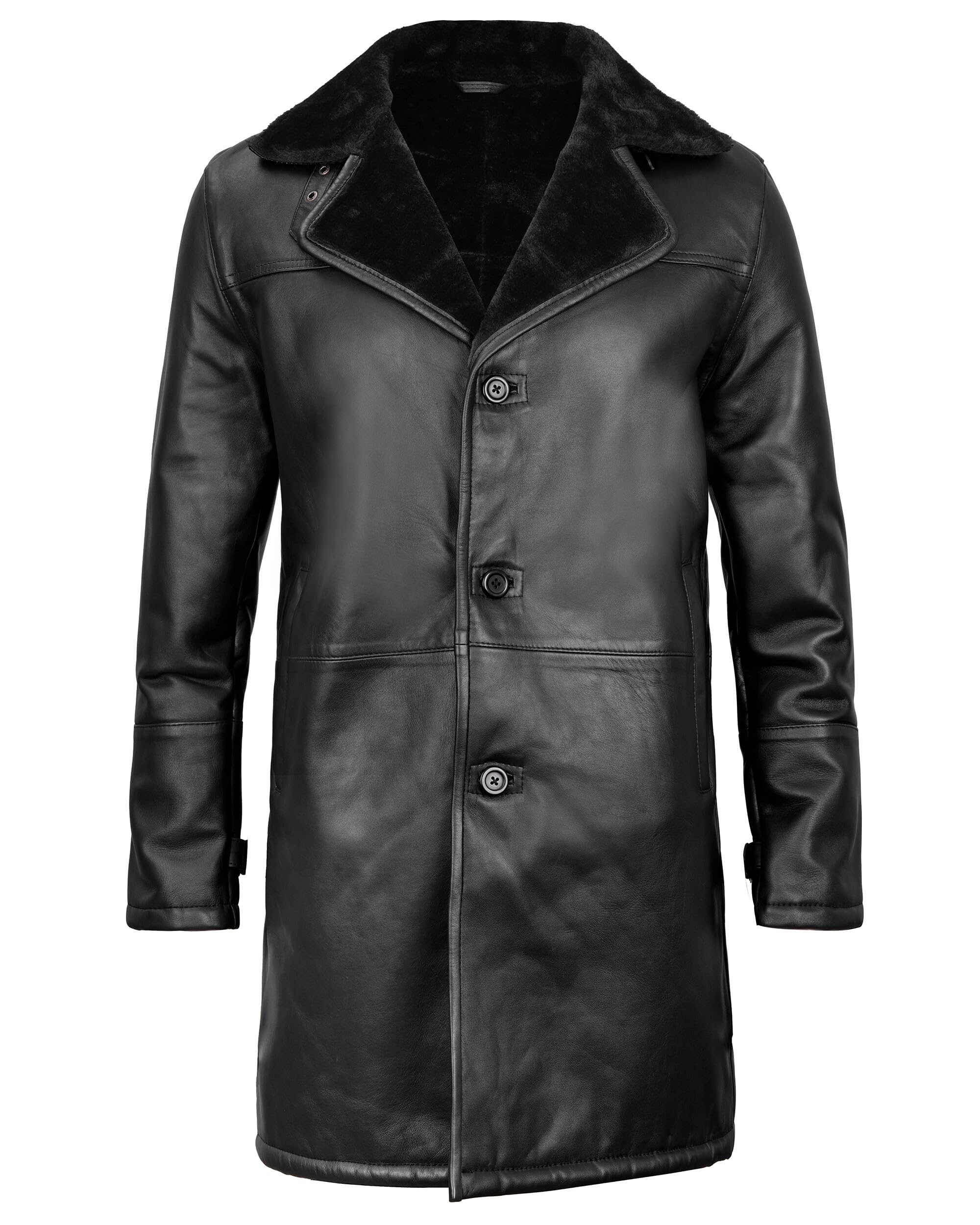 Decrum Men's Genuine Lambskin Leather Shearling Coat - Winter Black Faux Fur Lined Jacket for Cold Weather & Outdoor Activities