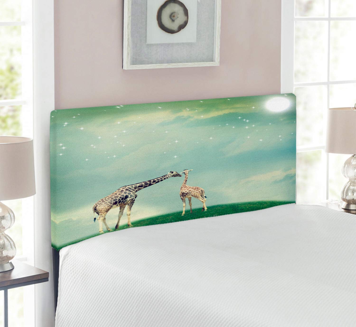 Ambesonne Giraffe Upholstered Headboard - Twin Size Decorative Metal Bed Frame with Memory Foam, Mother Animal Meadow Scene with Stars & Moon Design - Perfect for Kids' Bedroom, Nursery Decor or Wildlife Themed Room