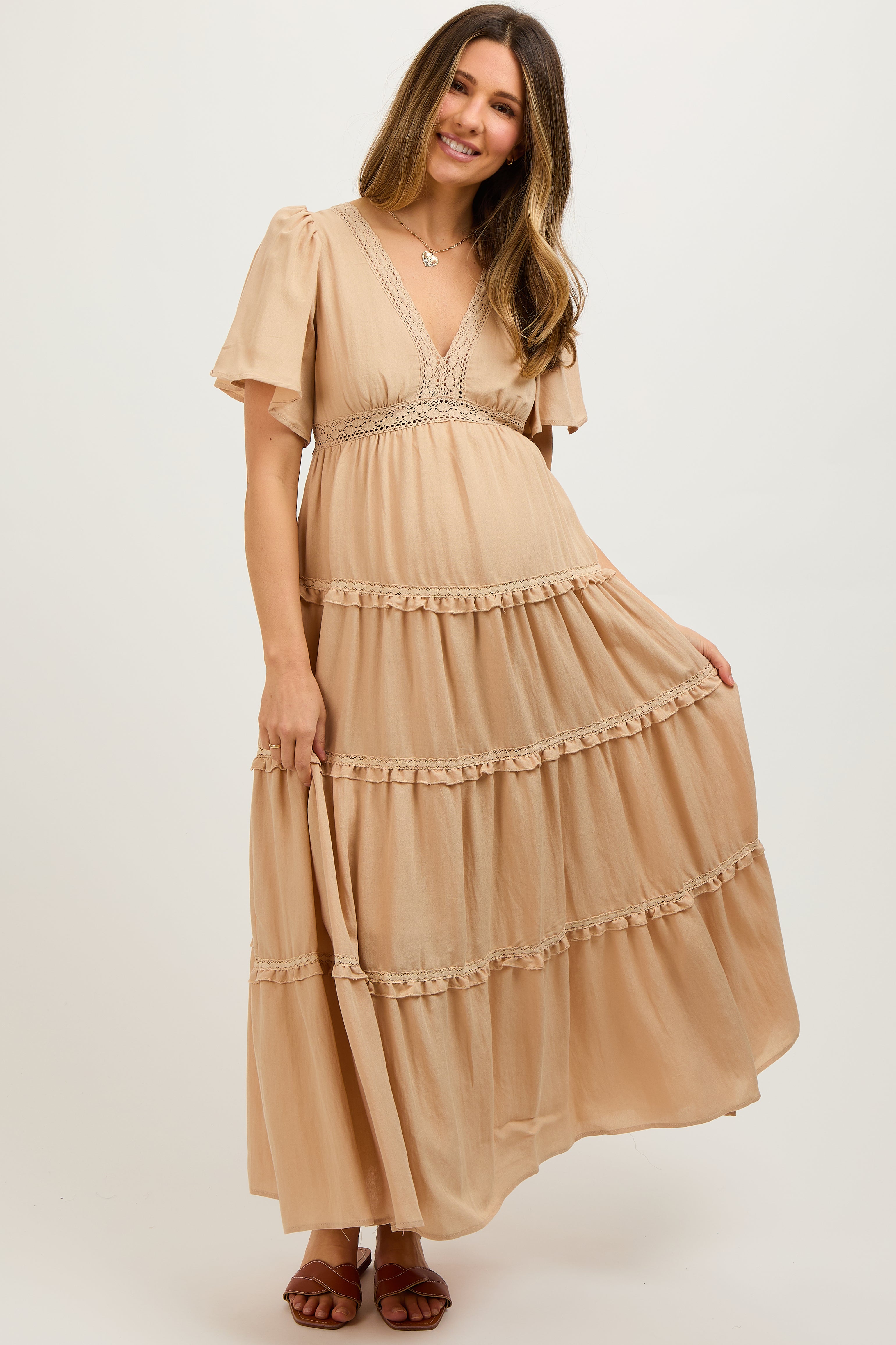 Beige Crochet Lace Tiered Maternity Maxi Dress - Comfortable Pregnancy Dress for Baby Shower, Beach Vacation & Summer Maternity Photoshoot