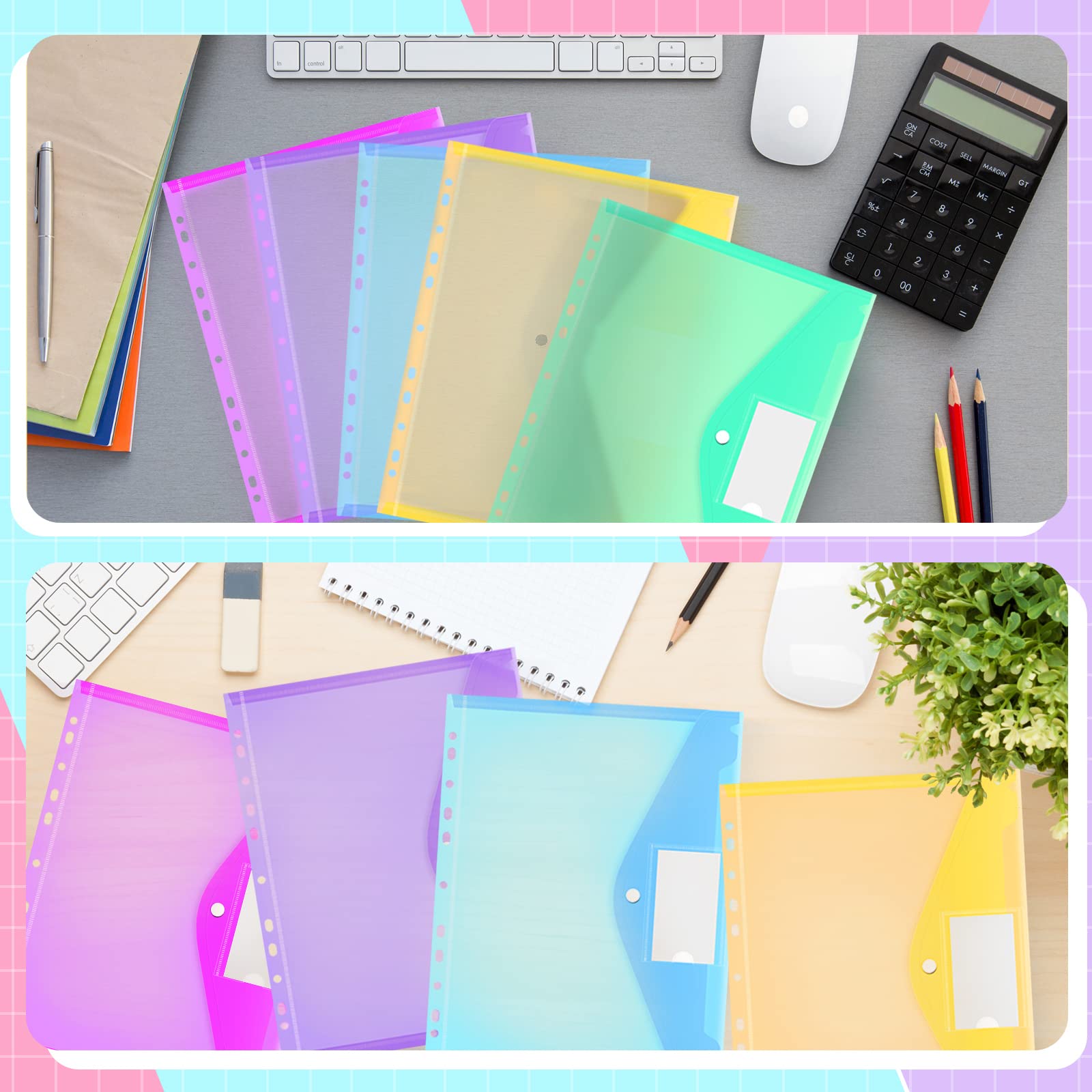 Fuutreo 50 Pack 3-Ring Binder Pockets - Plastic Sheet Protector Envelopes with Snap Button, 11-Hole Design for 2/3/4 Ring Binders - Expandable File Organizer with Label for School, Office & Home Organization