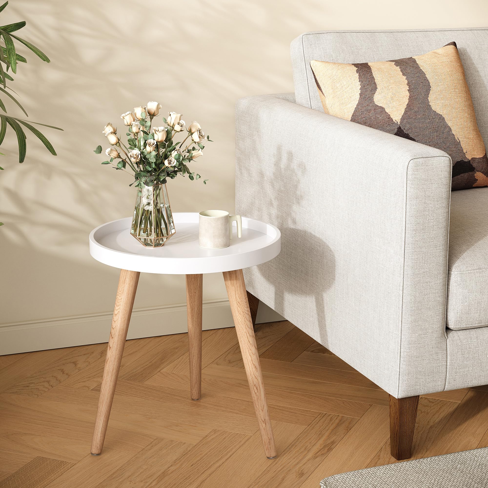Apicizon Round Side Table with White Tray - 15 x 18 Inch Nightstand, Coffee End Table for Living Room, Bedroom & Small Spaces - Easy Assembly Bedside Table for Home Decor, Studio Apartments & Dorm Rooms