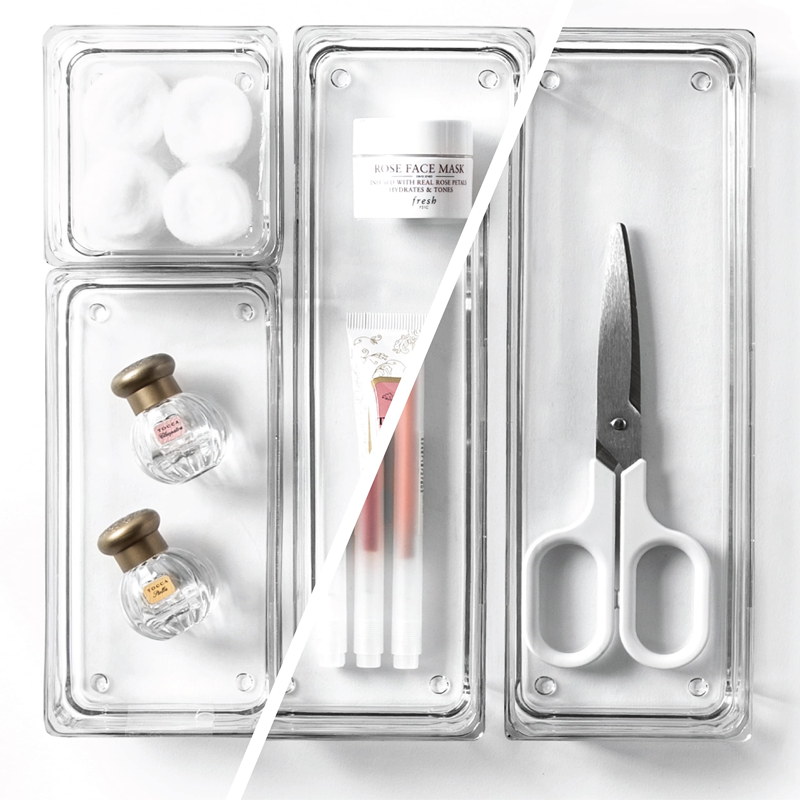 BINO 4-Piece Modular Drawer Organizer Set | Small Bathroom & Vanity Storage Trays for Makeup, Jewelry, and Office Supplies | Perfect for Bedroom, Bathroom, and Kitchen Drawer Organization