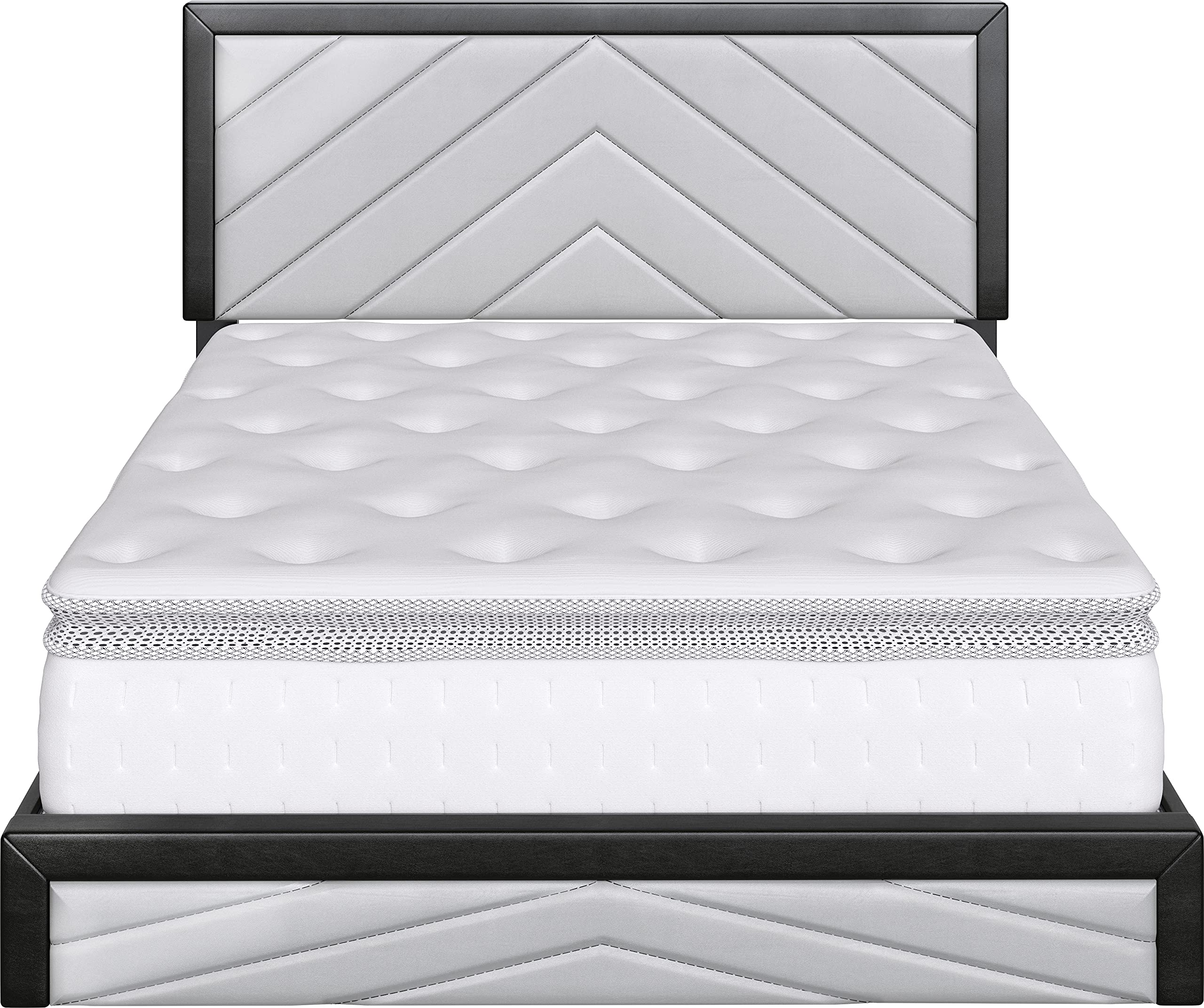 Boyd Sleep Arden Upholstered Platform Bed Frame with Headboard - Faux Leather, Black/Grey, Full Size for Modern Bedrooms