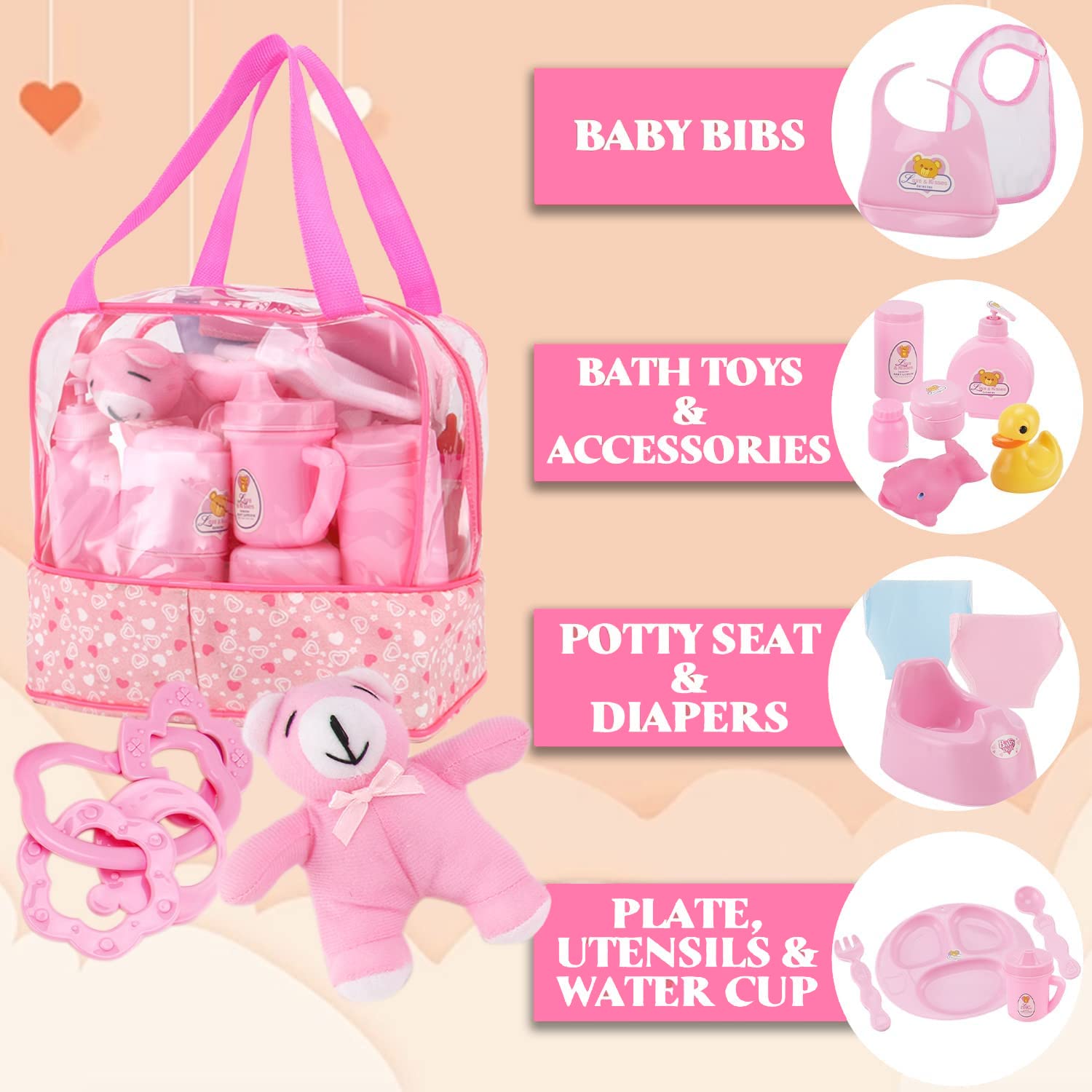 28-Piece Baby Doll Accessories Complete Car Set - Pretend Play Feeding Kit for Toddlers & Girls with Magic Milk Bottles & Storage Bag | Perfect for Role Play, Daycare & Preschool Learning Activities