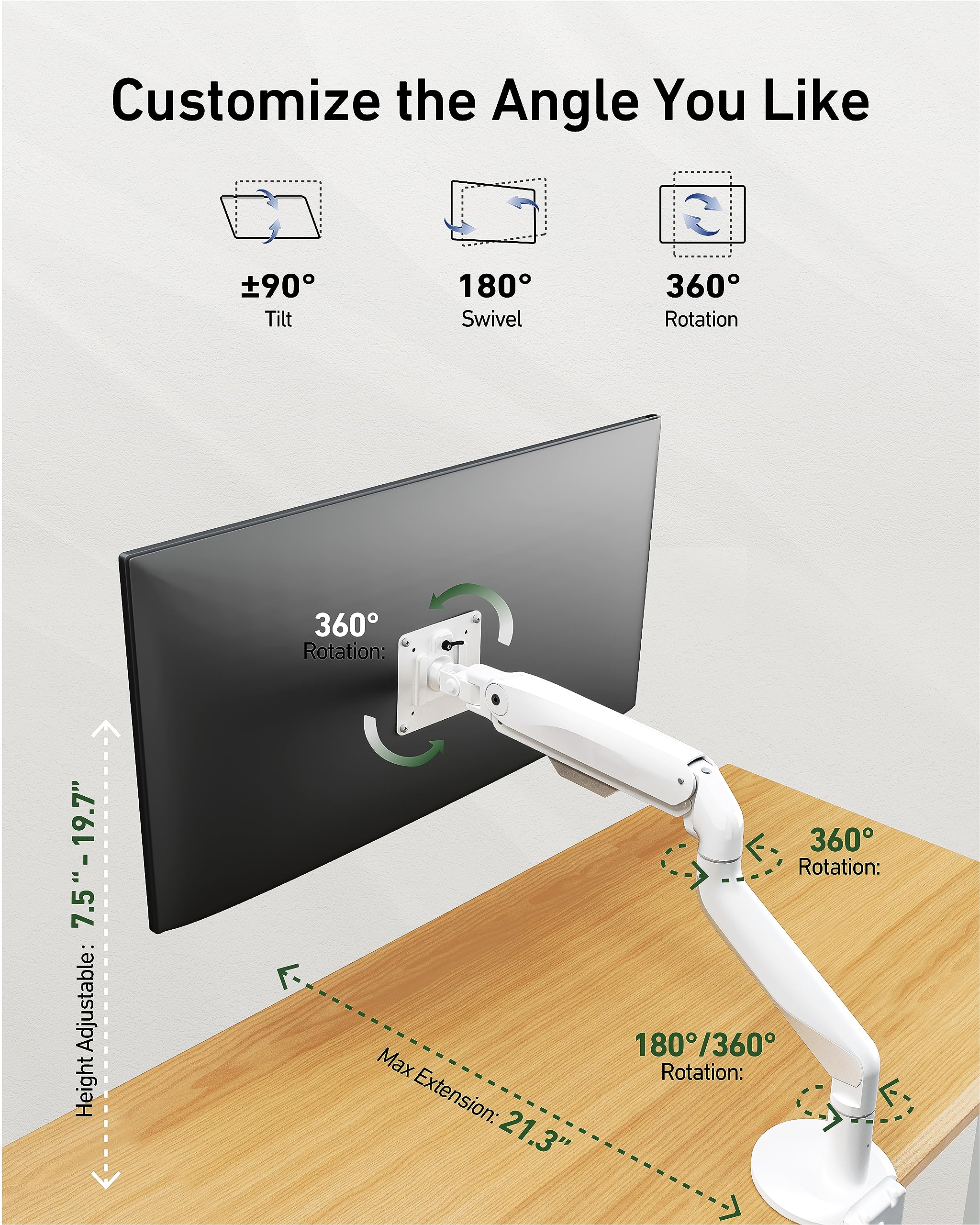 Ergonomic Single Monitor Arm for 17-40 Inch Flat/Curved Screens up to 33.1 lbs - Heavy Duty VESA Mount Desk Stand with Full Motion Adjustability (White) - Perfect for Home Office, Gaming Setup & Workspace Ergonomics