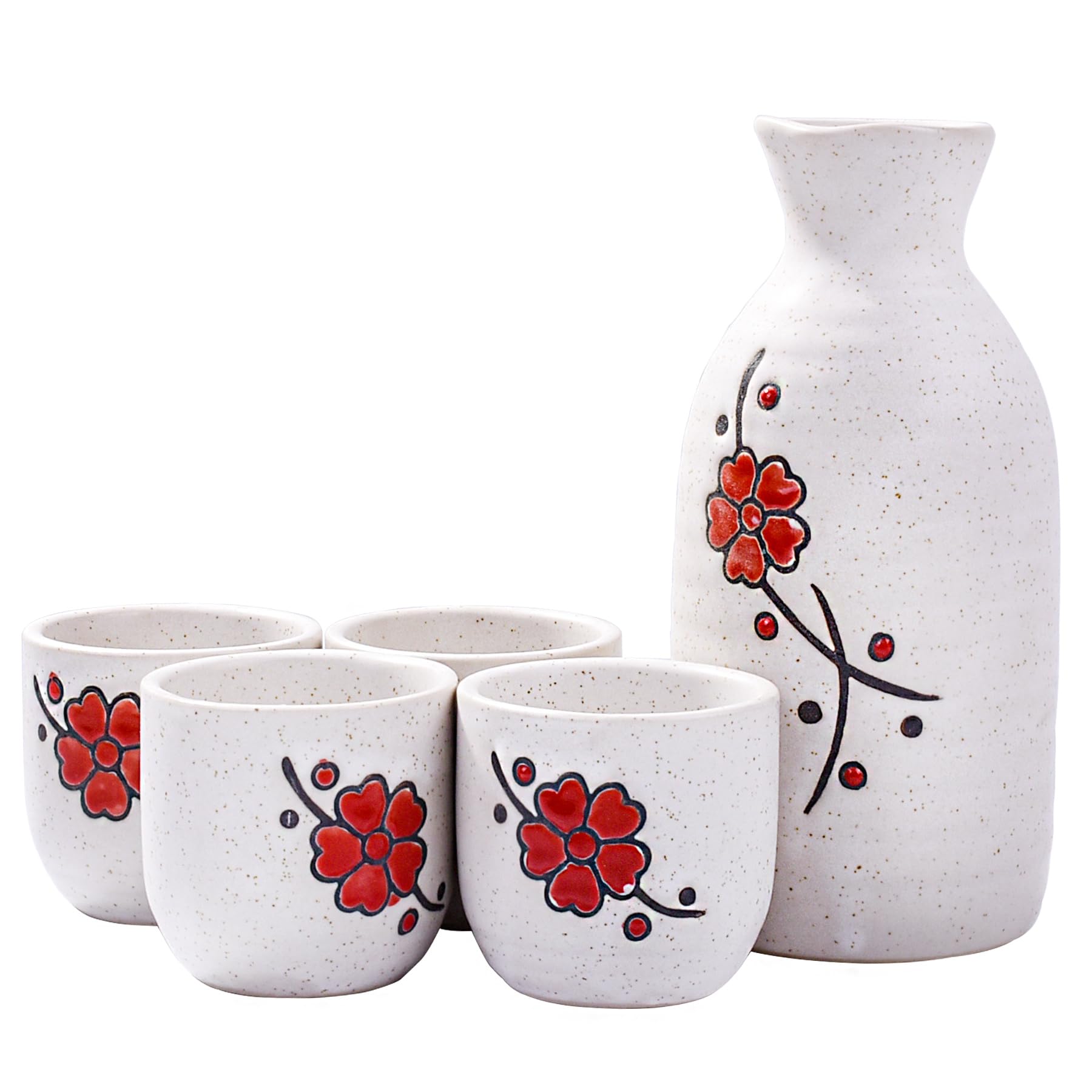 Premium Japanese Sake Set - Traditional Ceramic Sake Pot with 4 Matching Cups (White) - Perfect for Home Dining, Gift Giving & Japanese Tea Ceremonies