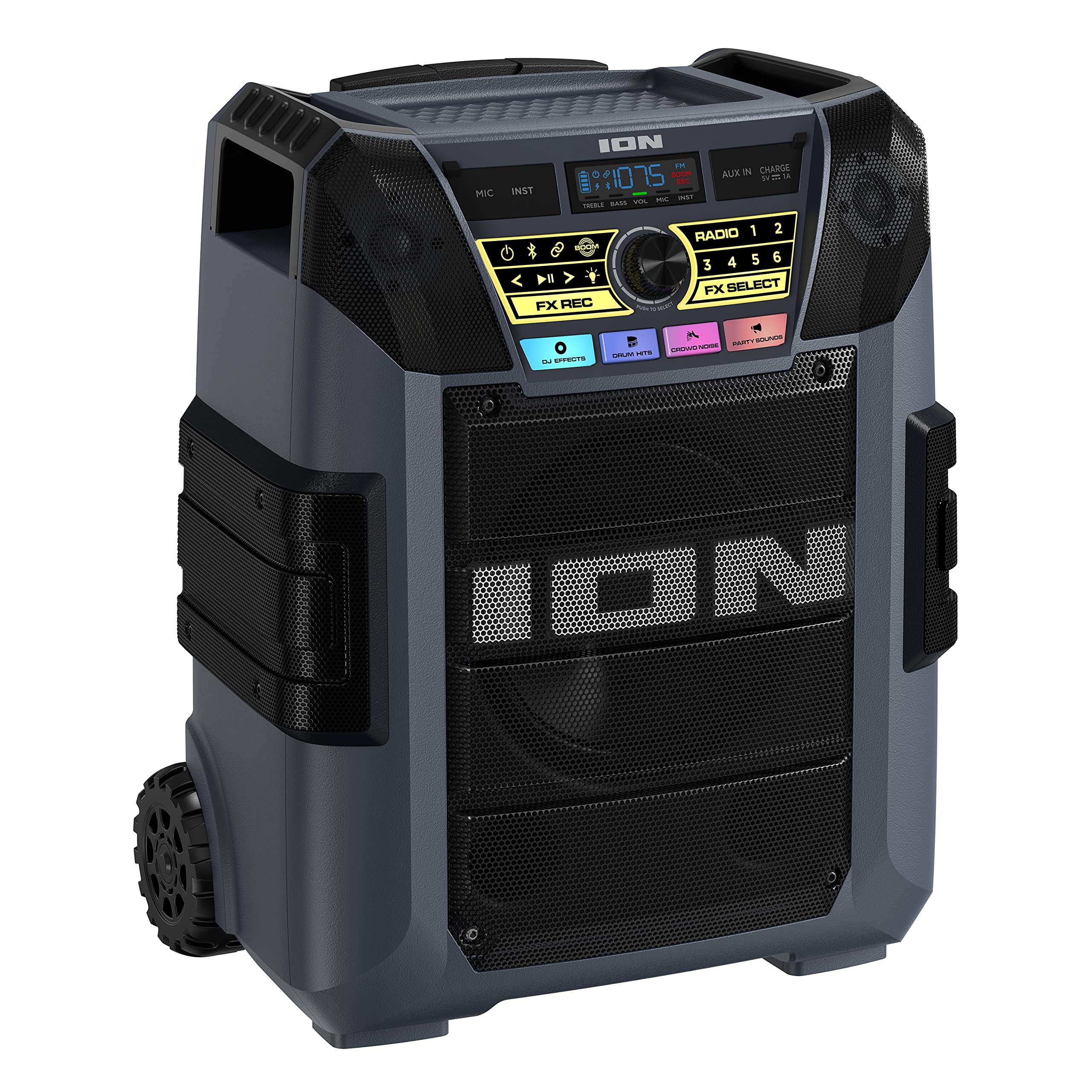 ION Block Rocker XL - 220W Portable Bluetooth Party Speaker with Karaoke Mic, Rechargeable Battery, 5 Speakers, LED Lights, FM Radio, USB Charging & App - Perfect for Outdoor Events, Beach Parties, Backyard BBQs and Tailgating