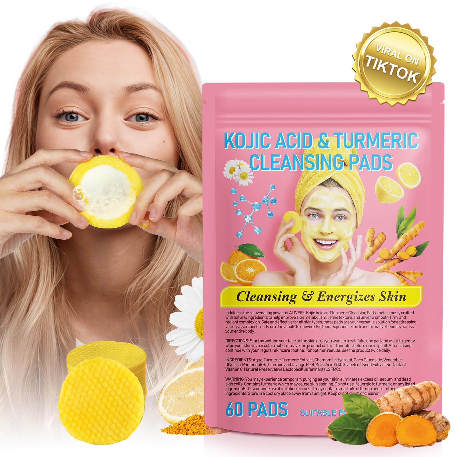 60pcs Turmeric Face Scrub Pads with Vitamin B5 & C - Natural Exfoliating Cleansing Pads for Dark Spots & Brightening - Sugar Turmeric Facial Pads for Glowing Skin - Perfect for Daily Skincare Routine & Spa Treatment