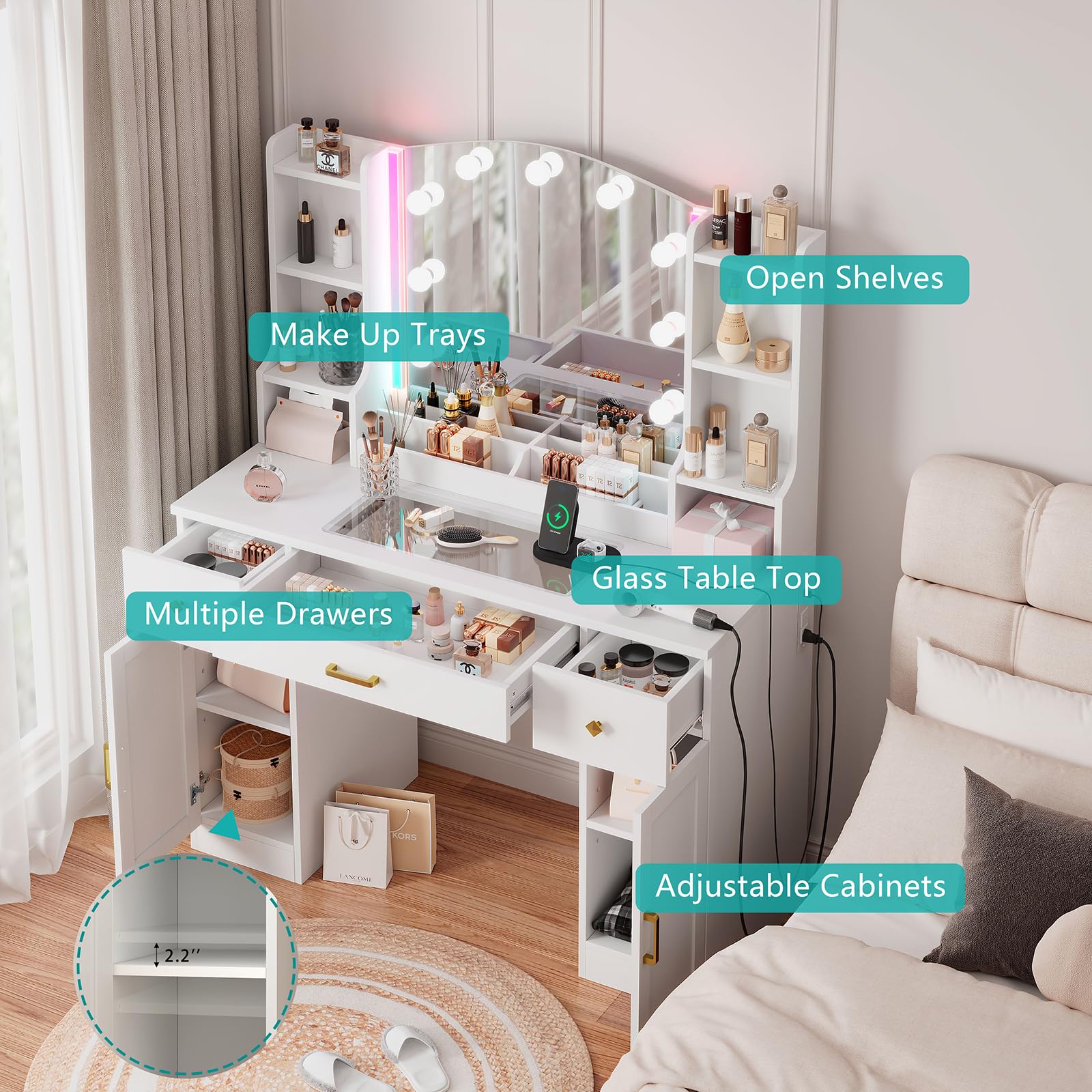 White Makeup Vanity Desk with LED Lights & Mirror - Large Dressing Table with Charging Station, Glass Top & 2 Storage Cabinets - Perfect for Bedroom, Salon & Home Beauty Setup