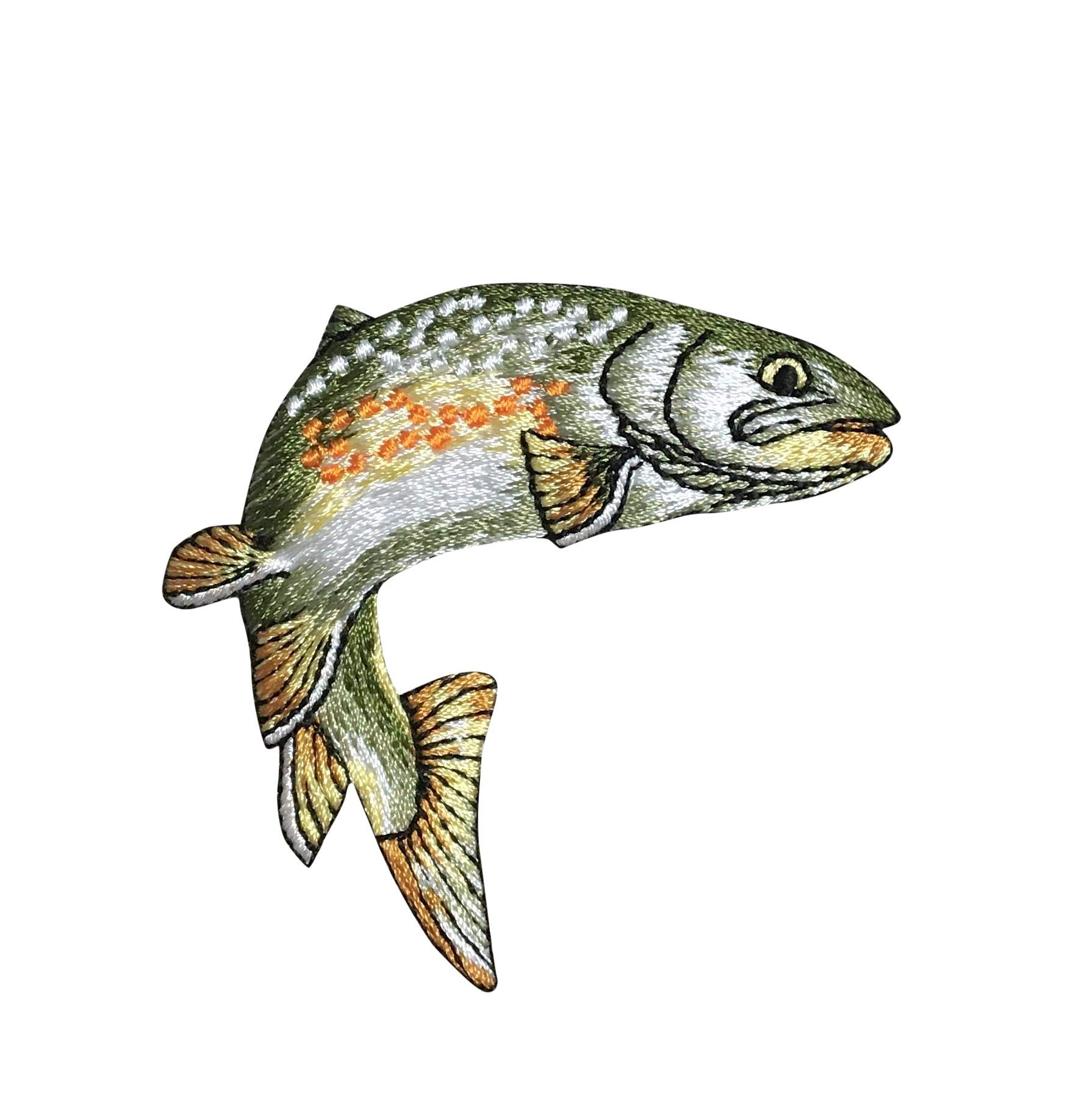 Golden Trout Embroidered Iron-On Patch for Fishing Gear, Hats & Jackets - Tail-Fin Down Design for Anglers & Outdoor Enthusiasts