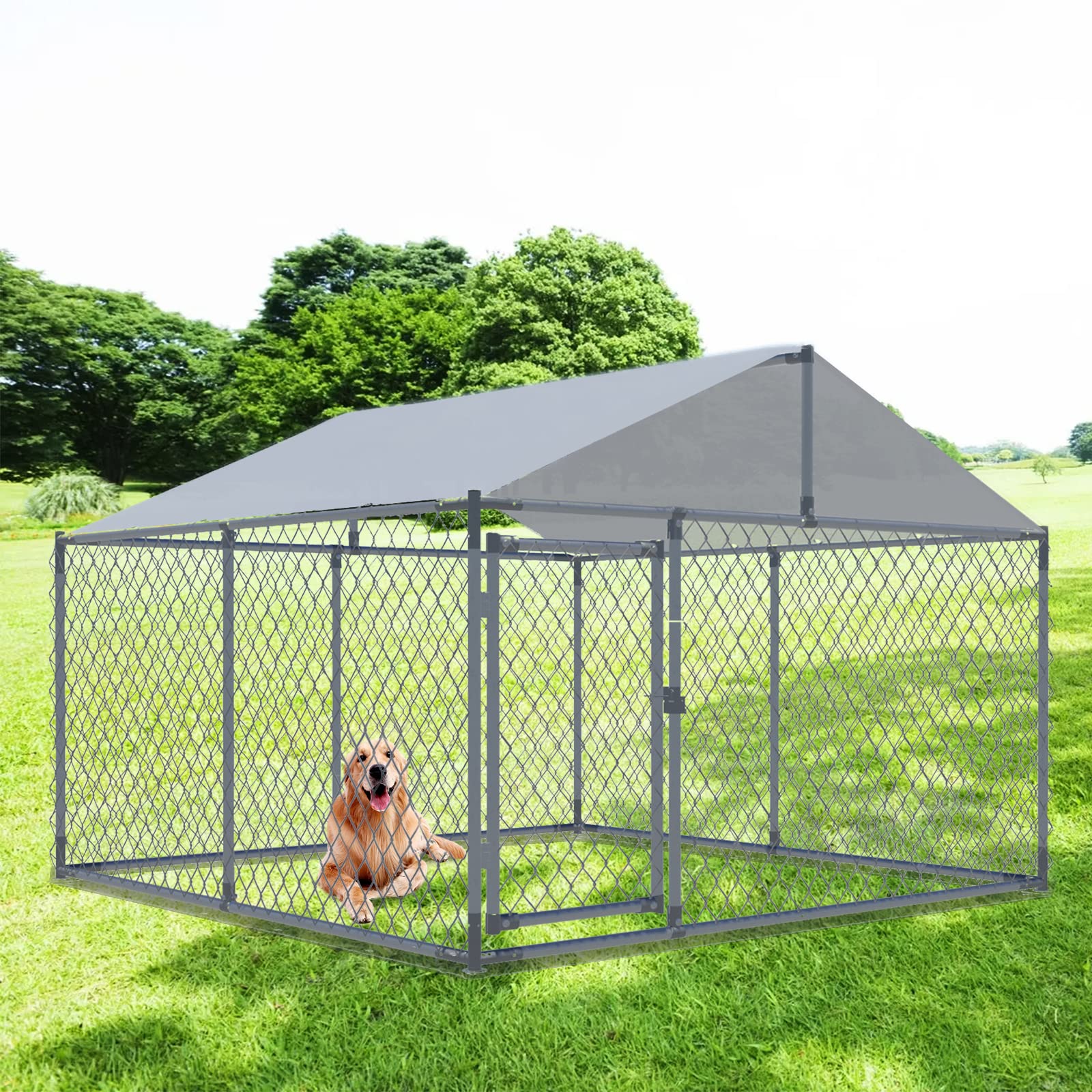 Heavy Duty Large Outdoor Dog Kennel - Extra Wide Metal Dog Cage with Waterproof Cover for Backyard, Farm & Patio - Durable Pet House for Big Dogs (Silver) - Perfect for Training, Travel & Outdoor Shelter