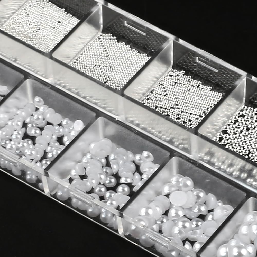Dornail 12 Grids White Pearl Beads for Nails - Half Round Stainless Steel Caviar Beads & Flatback Pearls - DIY Nail Art Charms for Women - Perfect for Nail Decoration, Manicures, and Crafting Projects