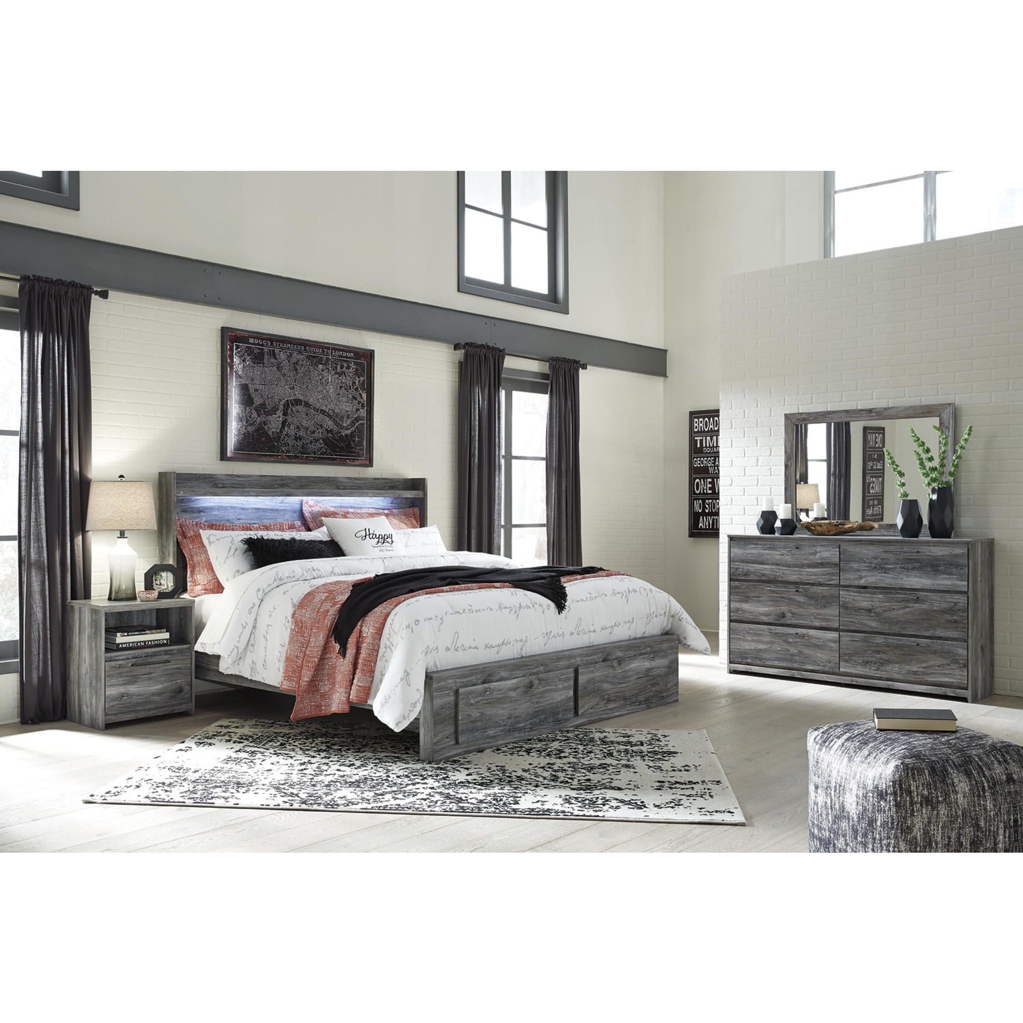 Baystorm 6-Piece King Size Bedroom Set with Storage - Modern Gray Bed Frame, Nightstands & Dresser for Spacious Master Bedroom Organization