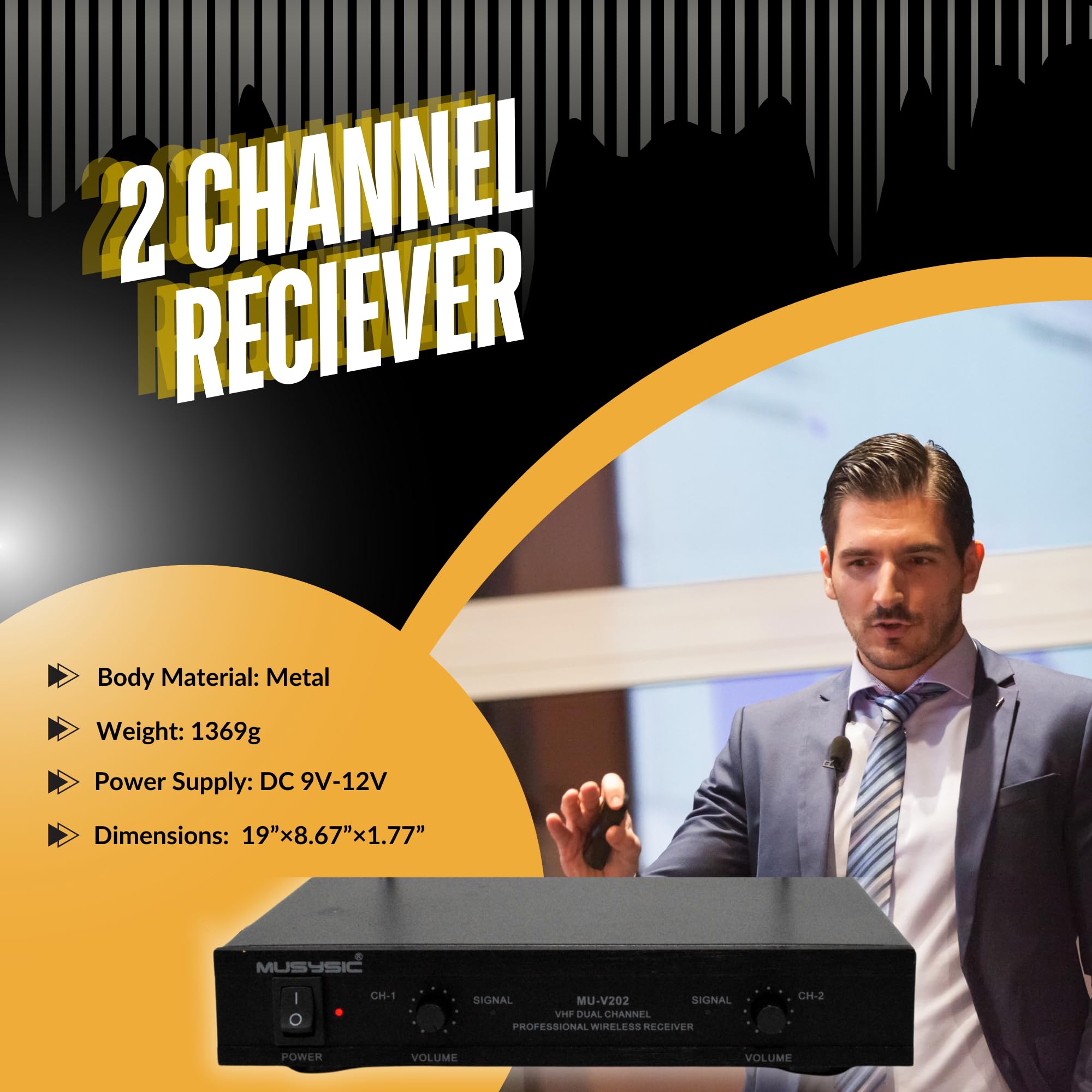 Musysic Wireless Microphone System - VHF Lapel Lavalier Headset with Transmitter & Receiver, 2-Channel SM Technology, 1/4