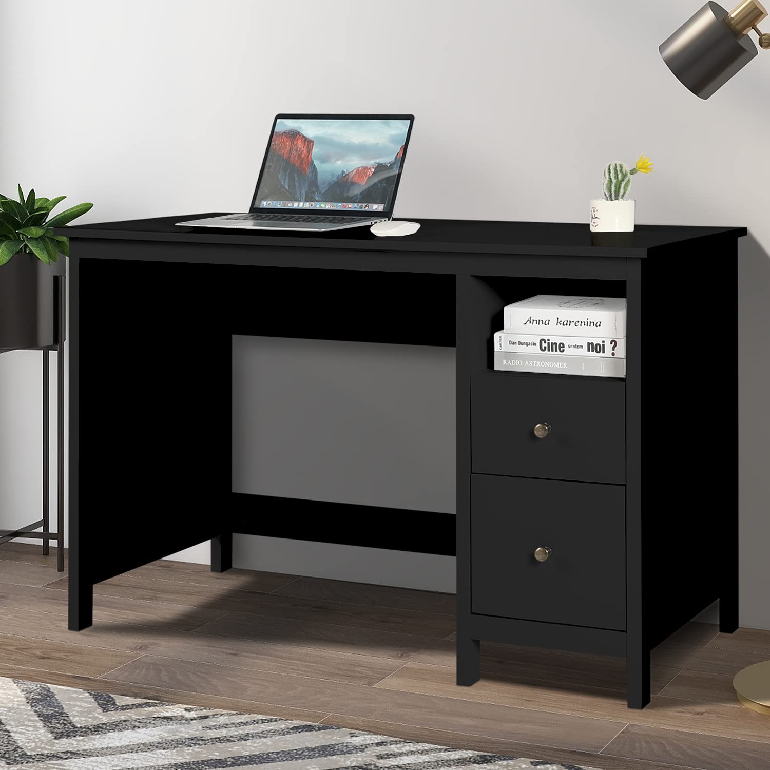 Modern Black Wood Writing Desk with Storage Cabinet - 47.2