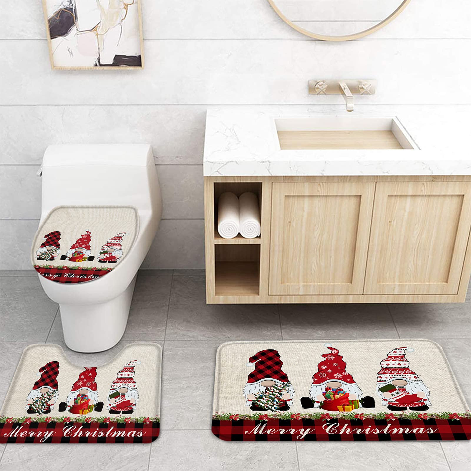 4PCS Christmas Bathroom Mat Set - Non-Slip Gnome Buffalo Check Plaid Shower Curtain Rugs & Toilet Seat Cover - Farmhouse Holiday Decor for Xmas Bathroom, Kitchen, and Guest Room