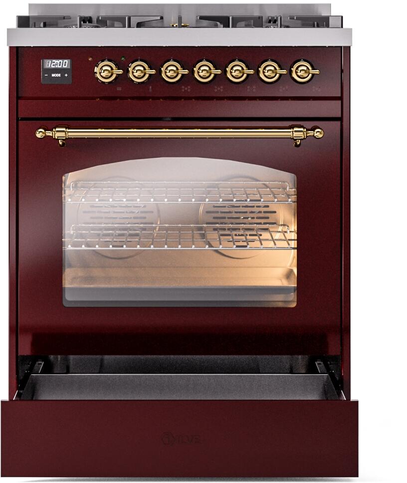 ILVE Nostalgie II 30-Inch Dual Fuel Natural Gas Range with Brass Trim - Burgundy Red | Professional Kitchen Appliance for Home Chefs & Cooking Enthusiasts | Perfect for Gourmet Meals & Entertaining