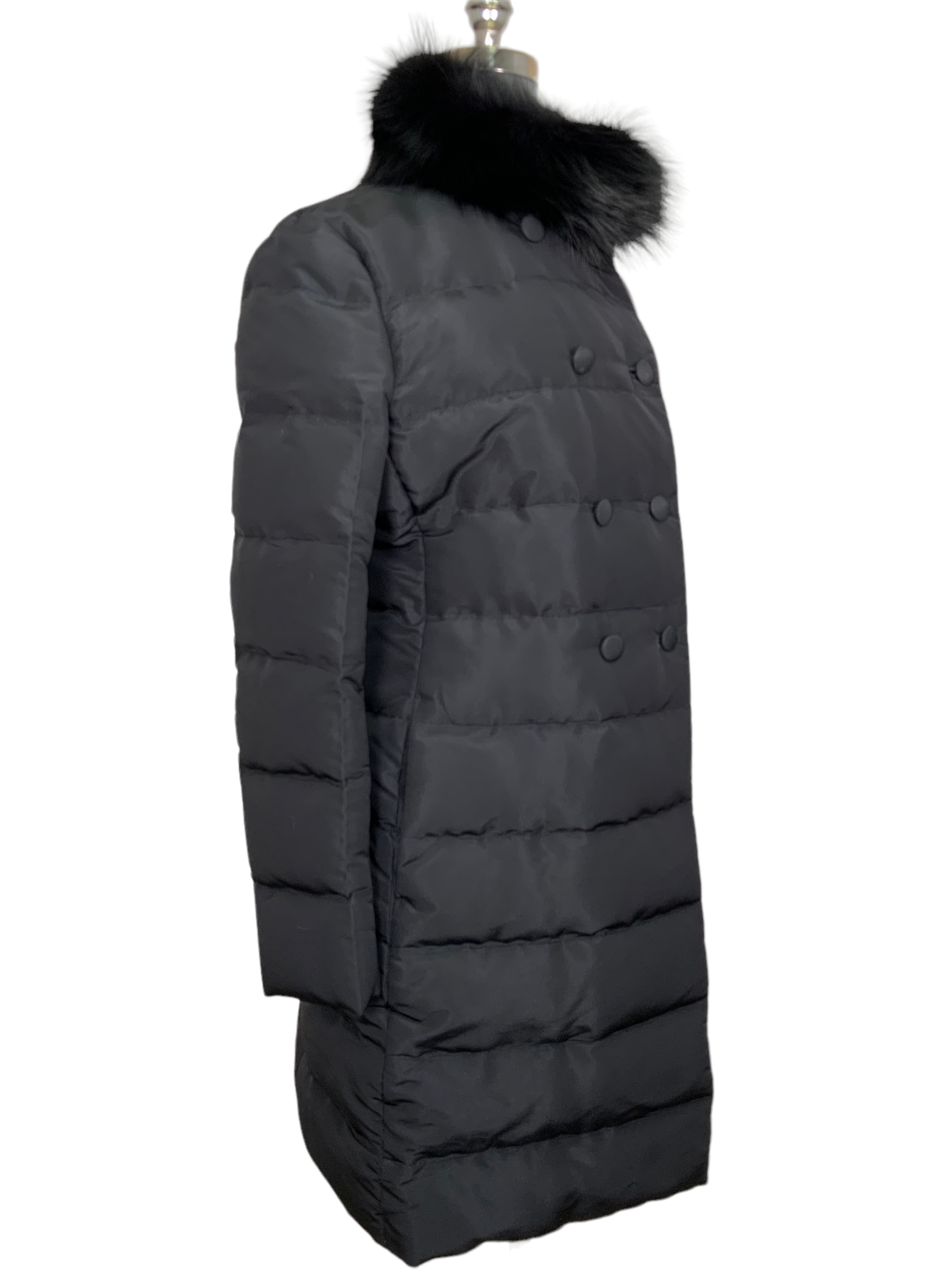 PRADA Puffy Quilted Down Jacket with Fox Fur Collar - Size L for Women | Winter Coat for Cold Weather, Luxury Outerwear for Fashion & Outdoor Activities