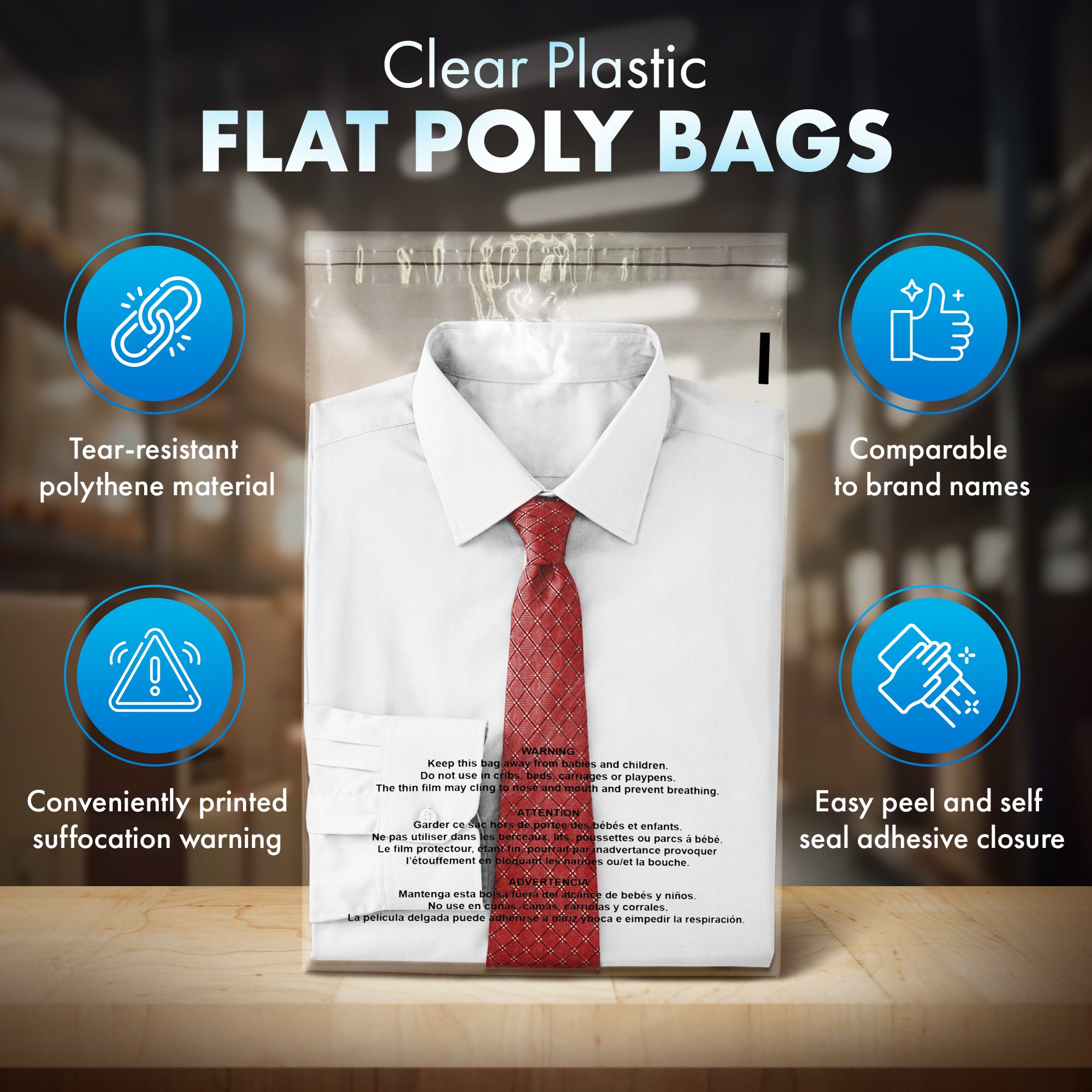 12x15.5 Inch Clear Plastic Self Seal Poly Bags 1.5 Mil with Suffocation Warning - Perfect for Packaging, Shipping, and Storage - Shop4Mailers