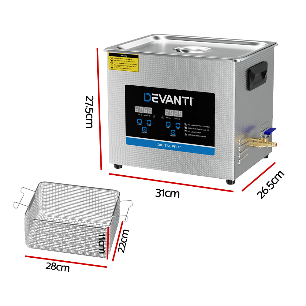 Devanti 10L Ultrasonic Cleaner with Heater & Timer - 240W Industrial Cleaning Machine for Jewelry, Glasses, Watches & Dental Tools - Perfect for Home, Lab & Workshop Use