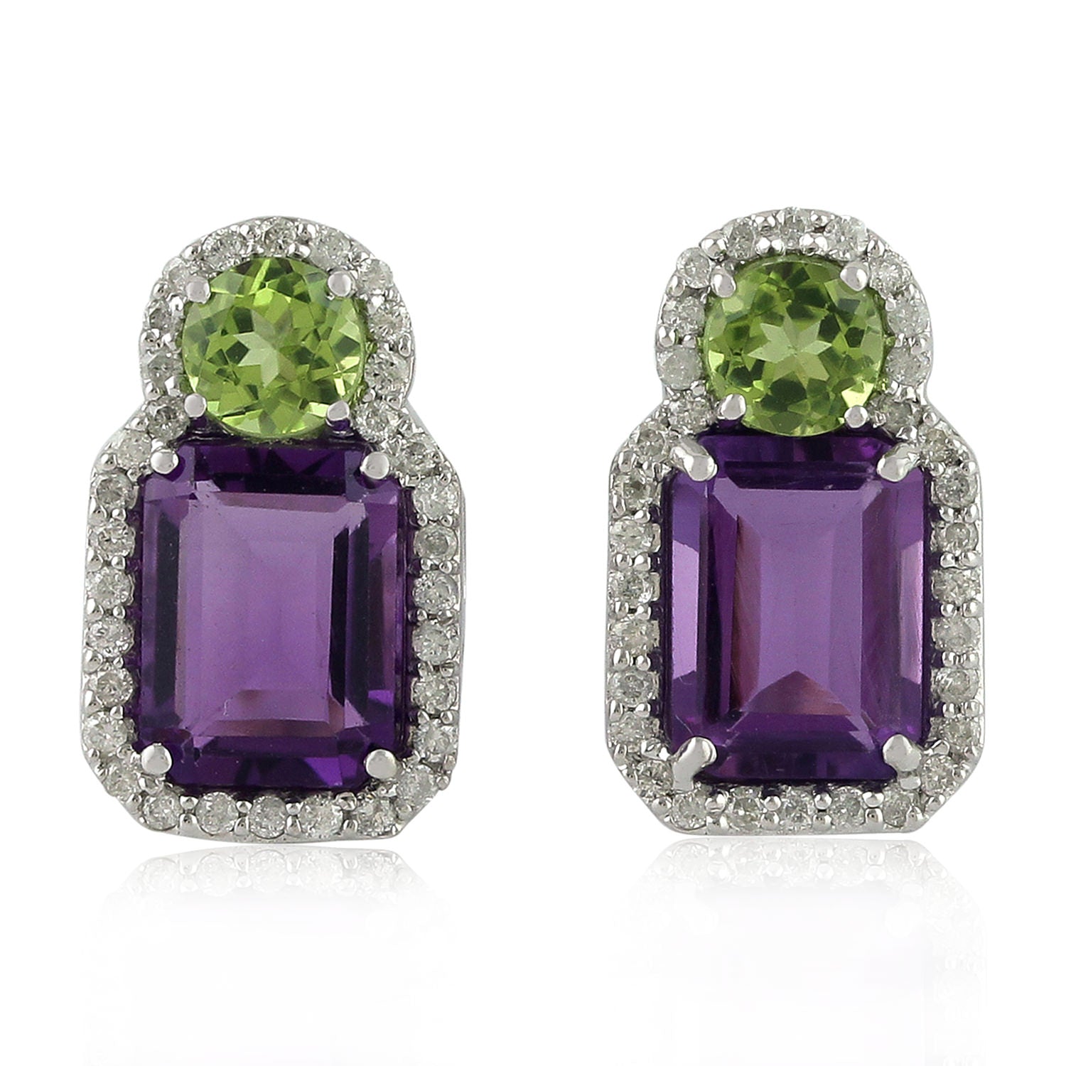 Exquisite Baguette Cut Amethyst & Round Cut Peridot Pave Diamond Stud Earrings in 14K White Gold | Elegant Dangle Earrings for Women | Perfect for Weddings, Parties & Special Occasions