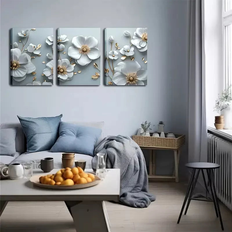 3D White Flowers Wall Art Set - 3 Piece Framed Canvas Prints 40x60cm | High Quality Australian Made | Ready to Hang | Perfect for Living Room, Bedroom & Office Decor