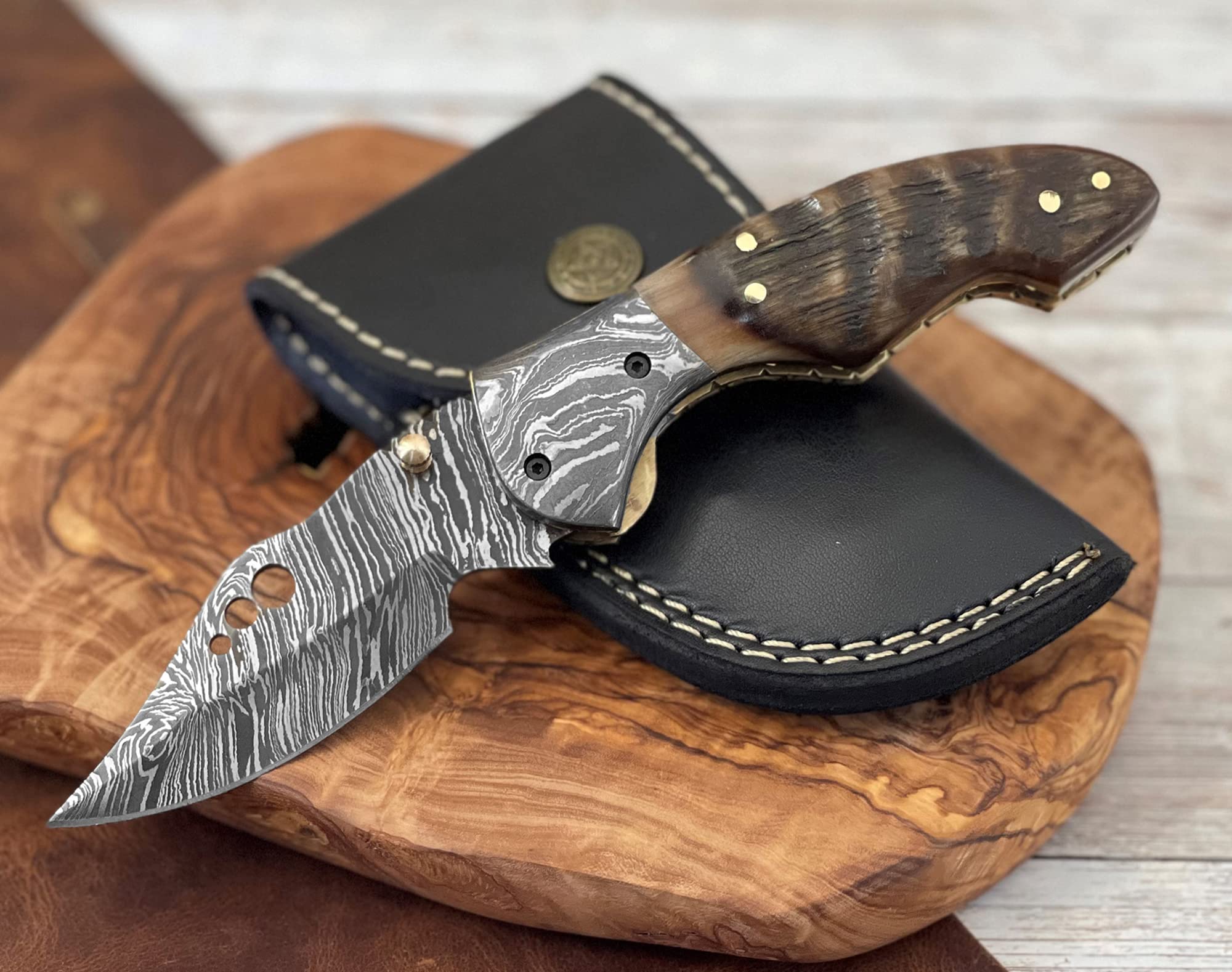 Premium Damascus Steel Folding Pocket Knife with Ram Horn Handle - 100% Handmade Men's Gift Knife with Leather Sheath - 7.5