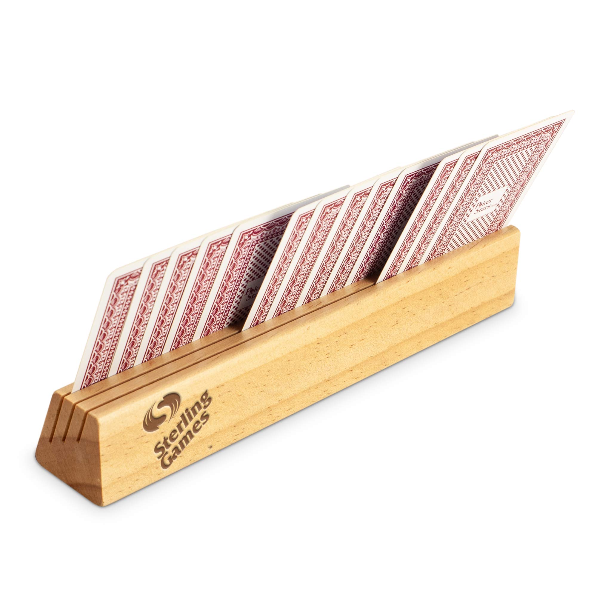 Sterling Games Wooden Playing Cards Holder Set of 4 - Card Holders for Kids, Seniors & Adults - Card Tray Rack Stand for Poker, Blackjack, Uno & Board Games - Perfect for Family Game Nights & Parties
