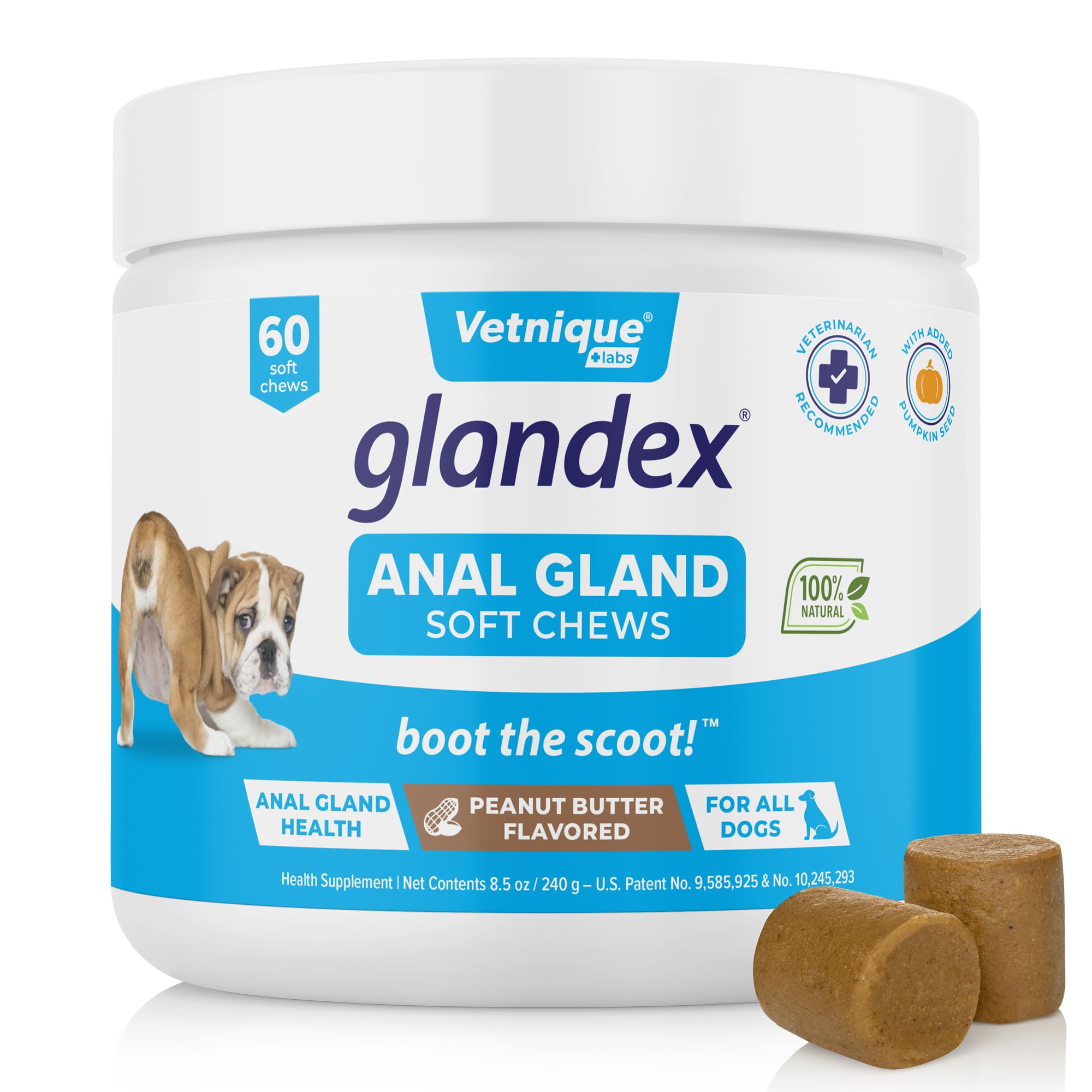 Vetnique Labs Glandex Anal Gland Soft Chew Treats for Dogs - Digestive Enzymes, Probiotics & Fiber Supplement with Pumpkin - Peanut Butter Flavor (60 Count) - Supports Anal Gland Health & Reduces Scooting - Perfect for Digestive Support & Daily Treats