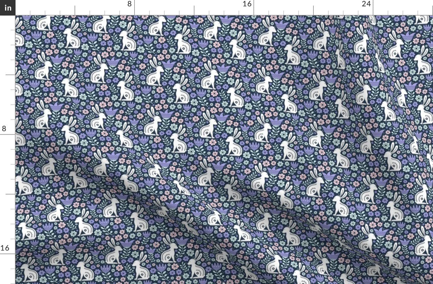Easter Folk Bunny Rabbit Spring Scandi Floral Navy Printed Organic Cotton Sateen Fabric by The Yard - Premium Spoonflower Material for Sewing, Quilting, Apparel & Home Decor - Perfect for Easter Crafts, Spring Dresses and Cozy Home Decorations